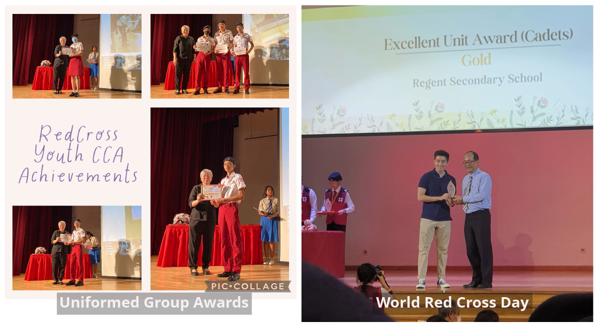 Red Cross Youth CCA award ceremony collage showing students receiving certificates on stage, with a Gold Excellent Unit Award slide.