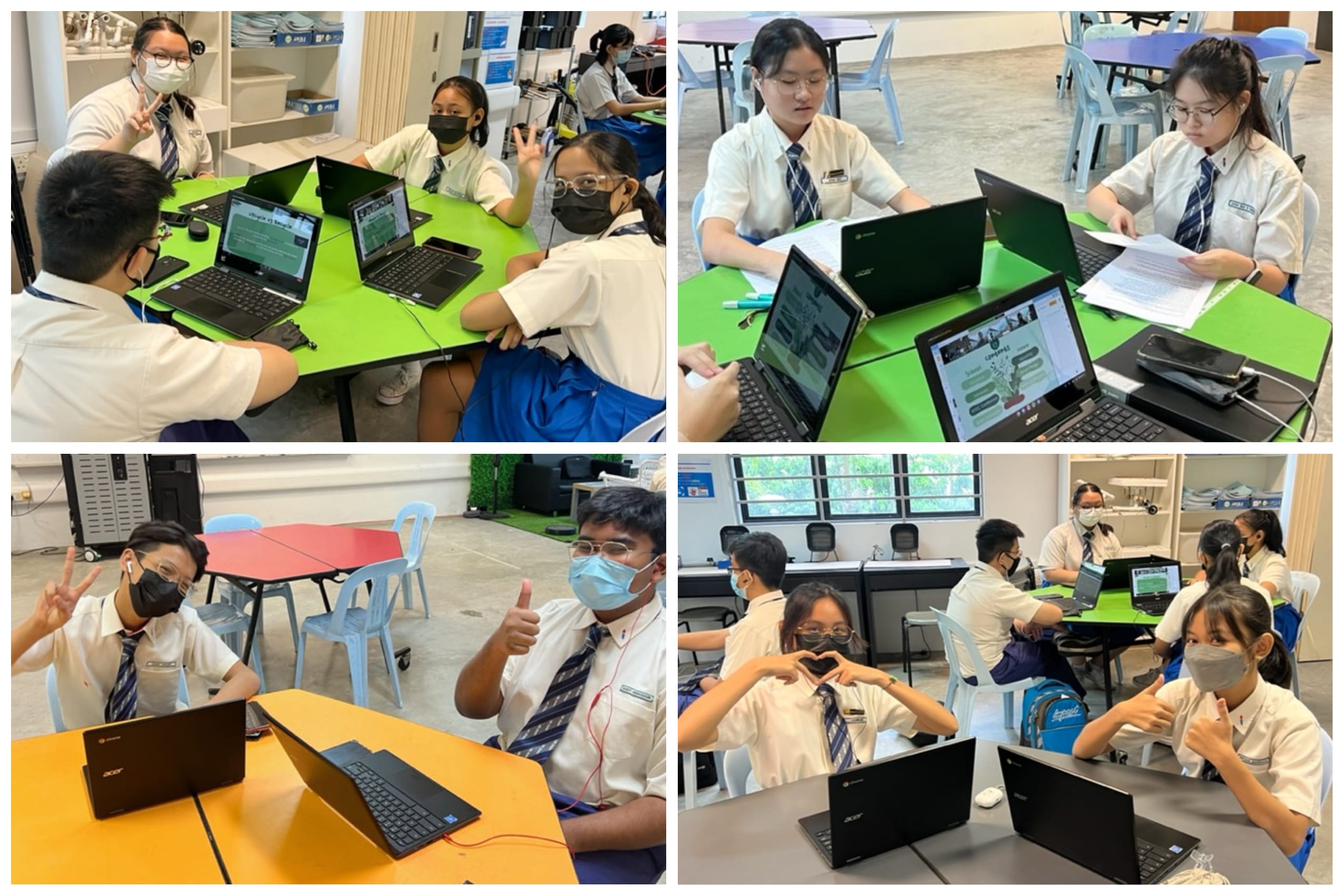 Four photos of masked students in school uniforms working on laptops at colorful tables, posing with hand gestures.
