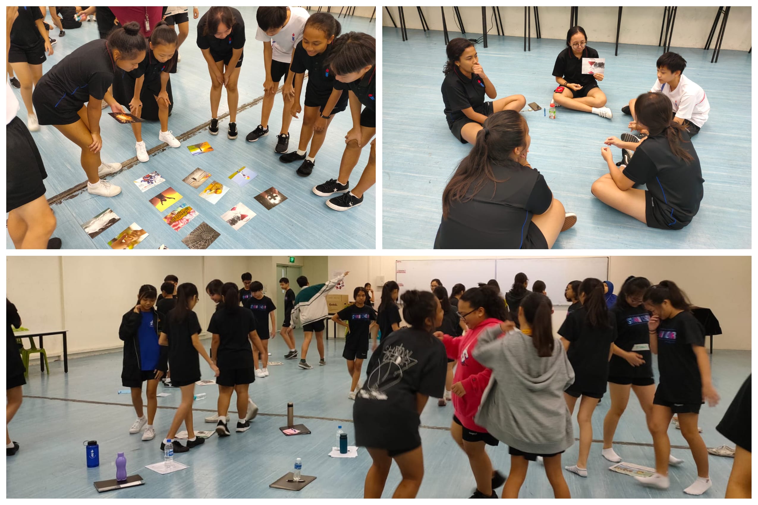 Students in black uniforms participate in group activities on a gym floor, examining cards and moving in circles.