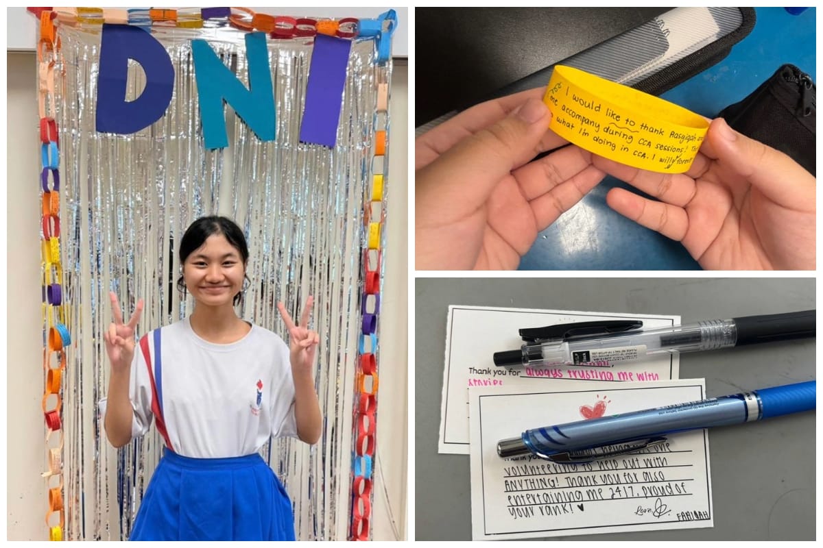 A girl poses in front of a silver tinsel backdrop with "DNI" letters, beside photos of a handwritten wristband and thank-you cards.