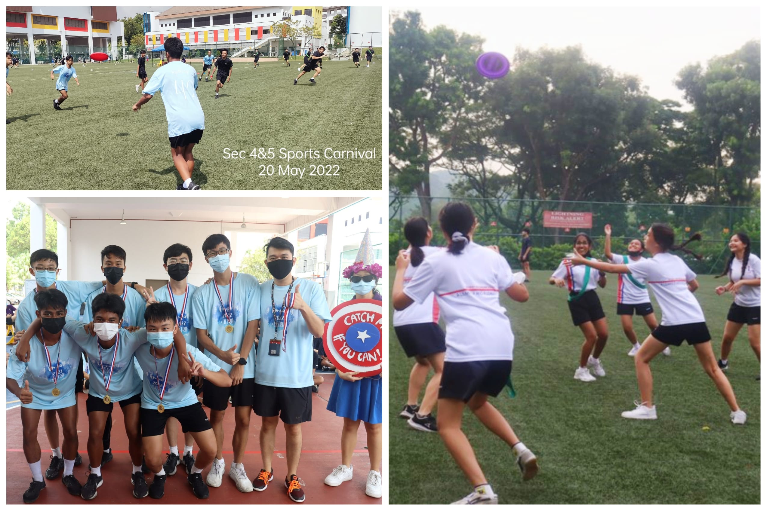 Three scenes from a school sports carnival on May 20, 2022, showing frisbee games and masked students with medals.