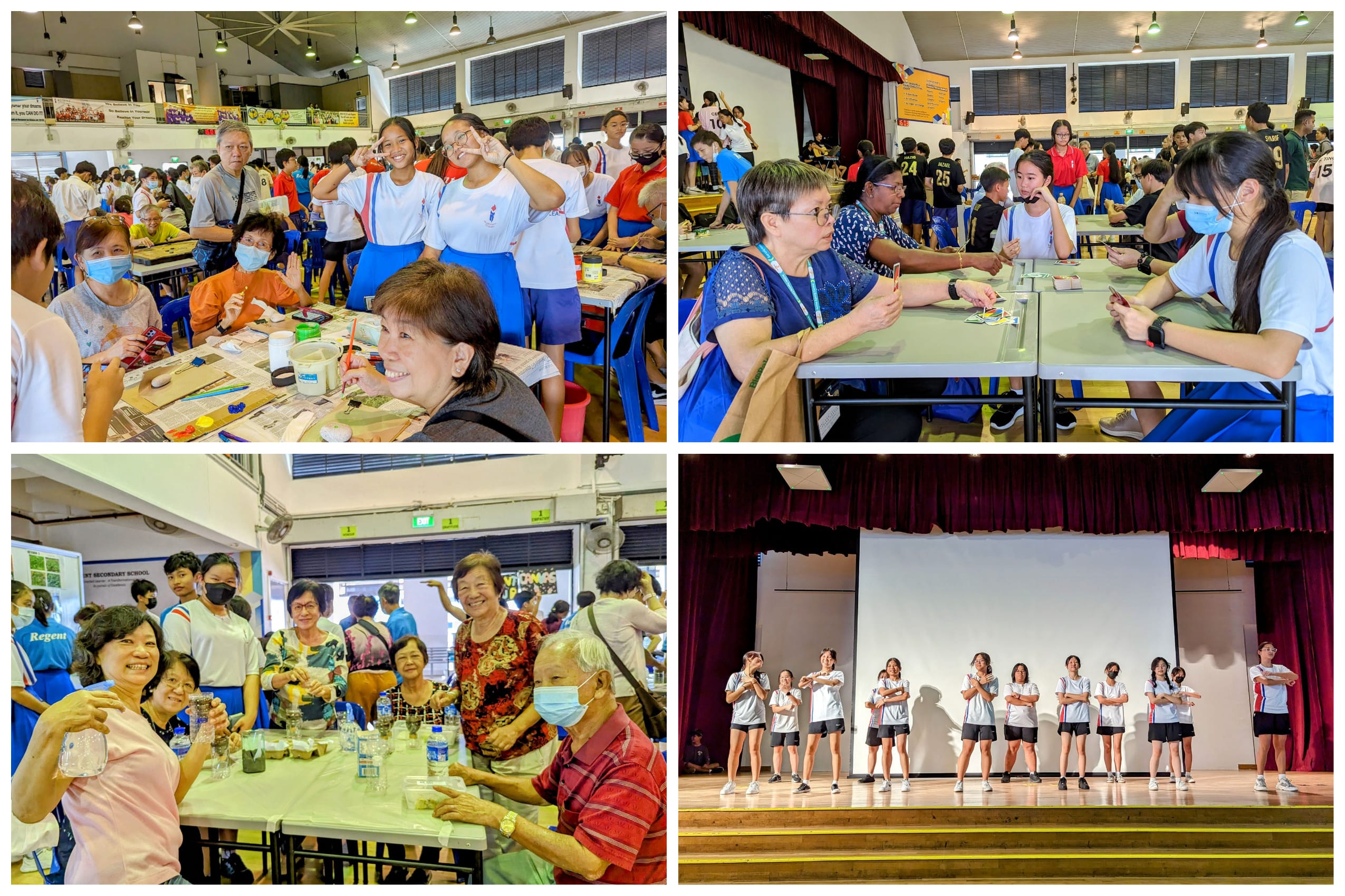 Collage of school hall activity: students and seniors crafting at tables, plus students performing on stage.