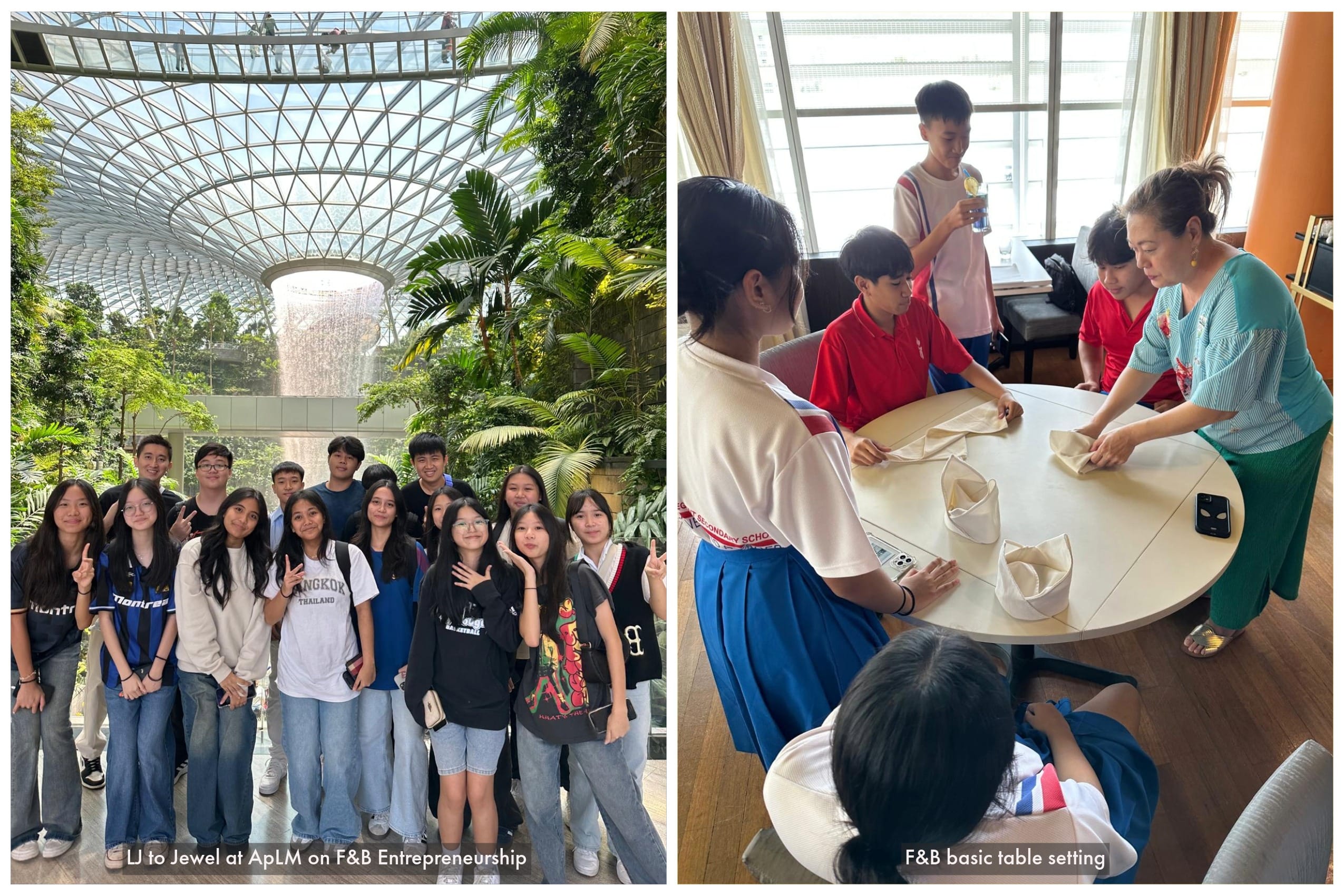 Students pose at Jewel Changi waterfall atrium; right photo shows students learning napkin folding at a round table.