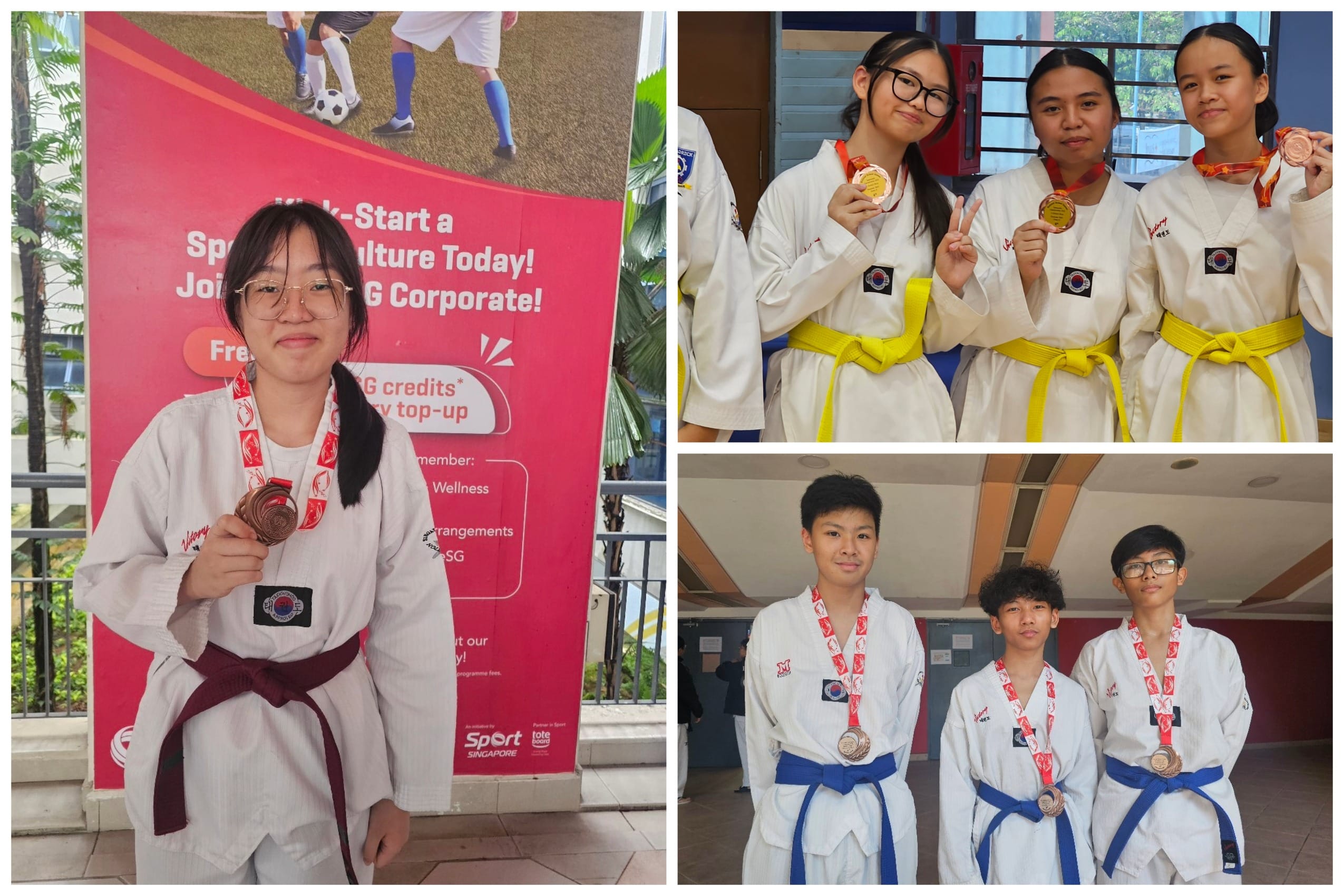 Six young taekwondo students in white uniforms display bronze medals, with belts ranging from yellow to blue and dark red.
