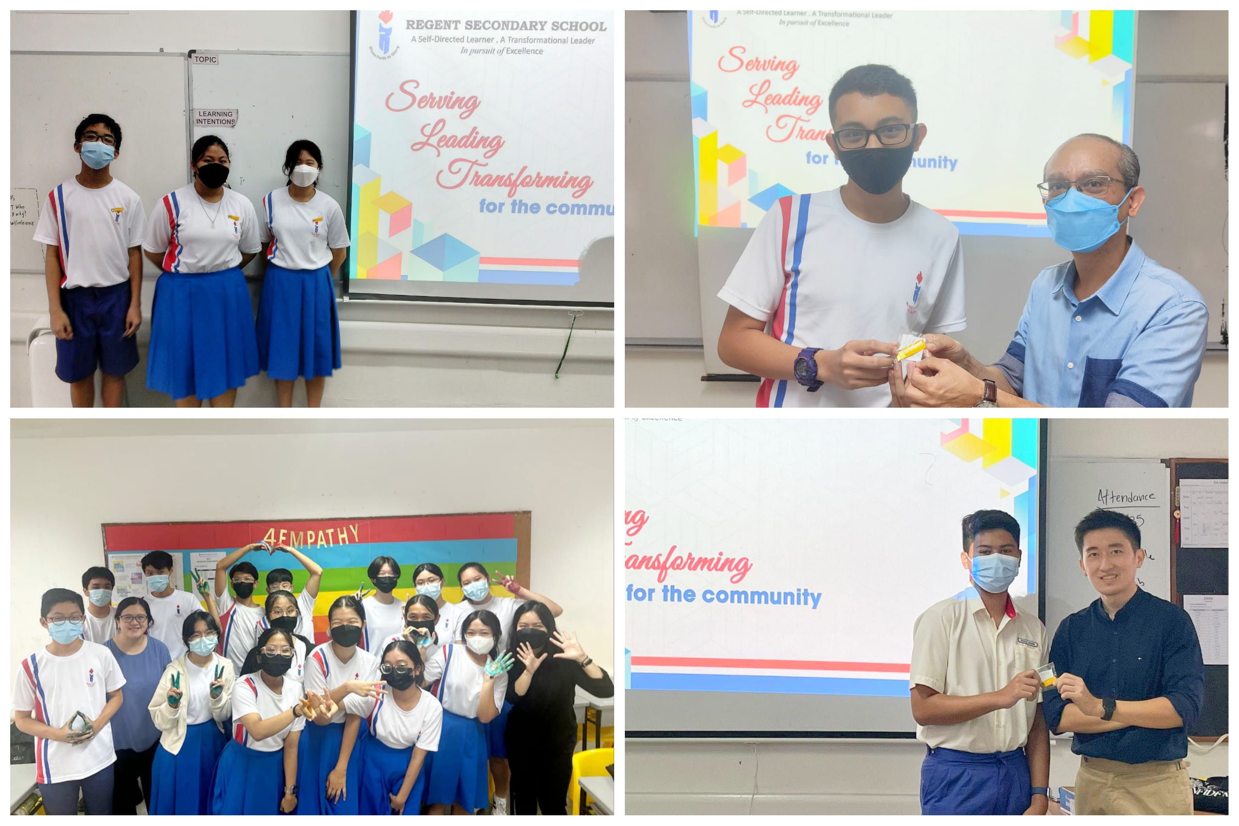 Four classroom scenes at Regent Secondary School with masked students in white and blue uniforms posing near a presentation screen.