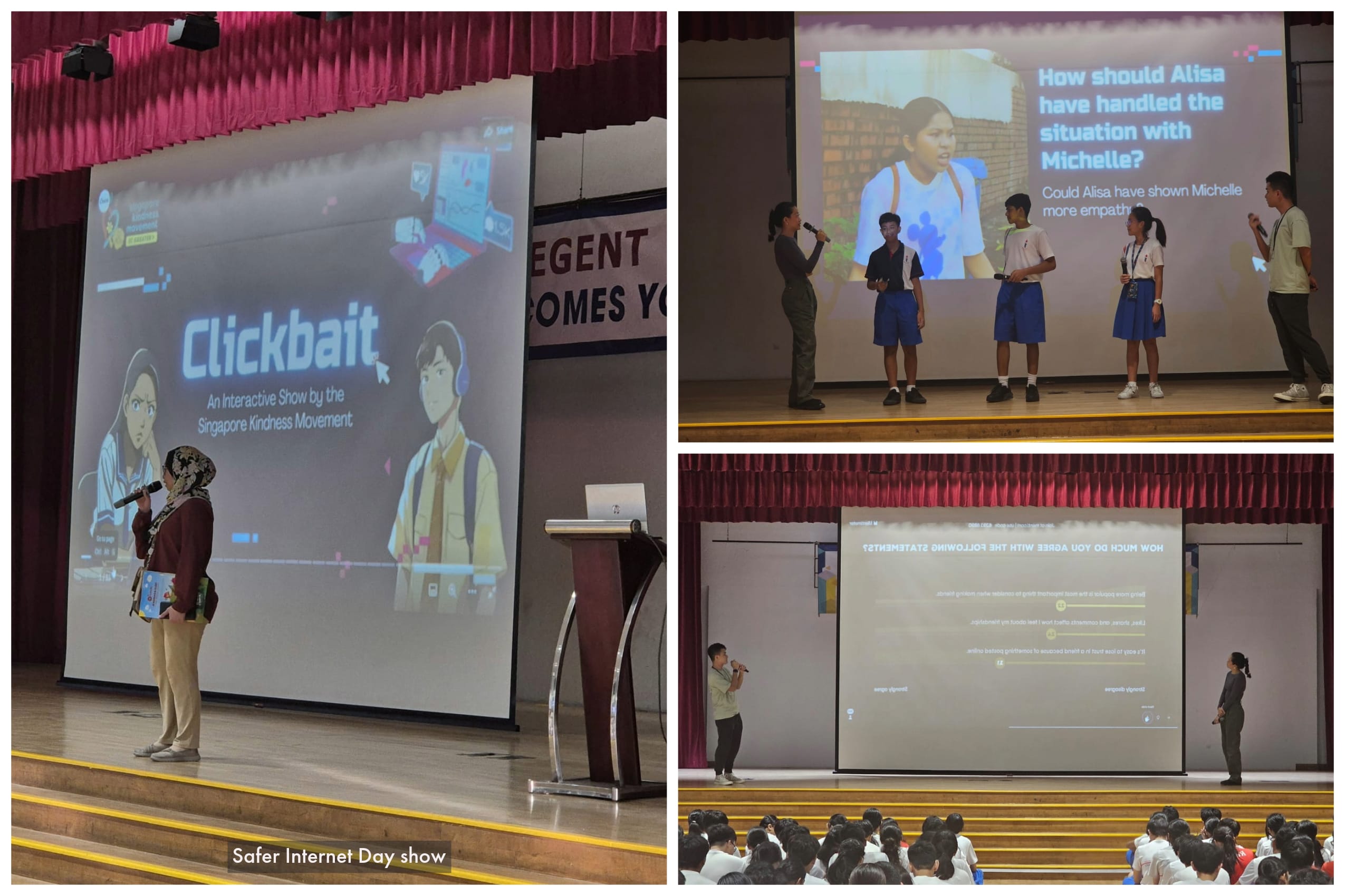 Three scenes from a Safer Internet Day school show featuring the Clickbait interactive presentation by Singapore Kindness Movement.