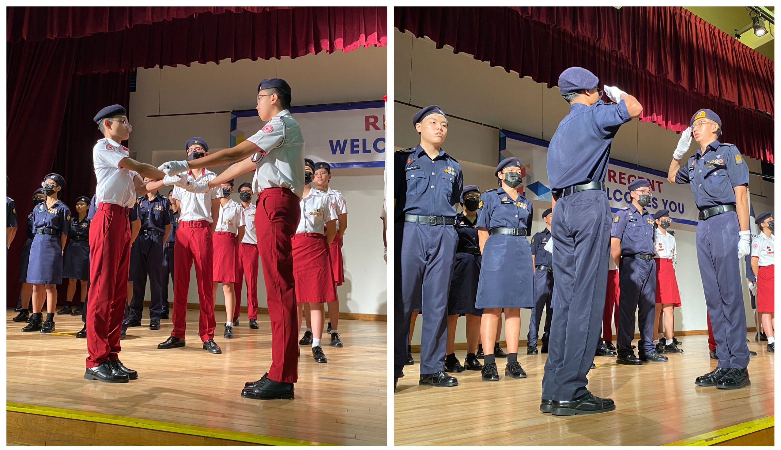Students in uniform perform a ceremony on a school hall stage, with one saluting and others standing in formation.