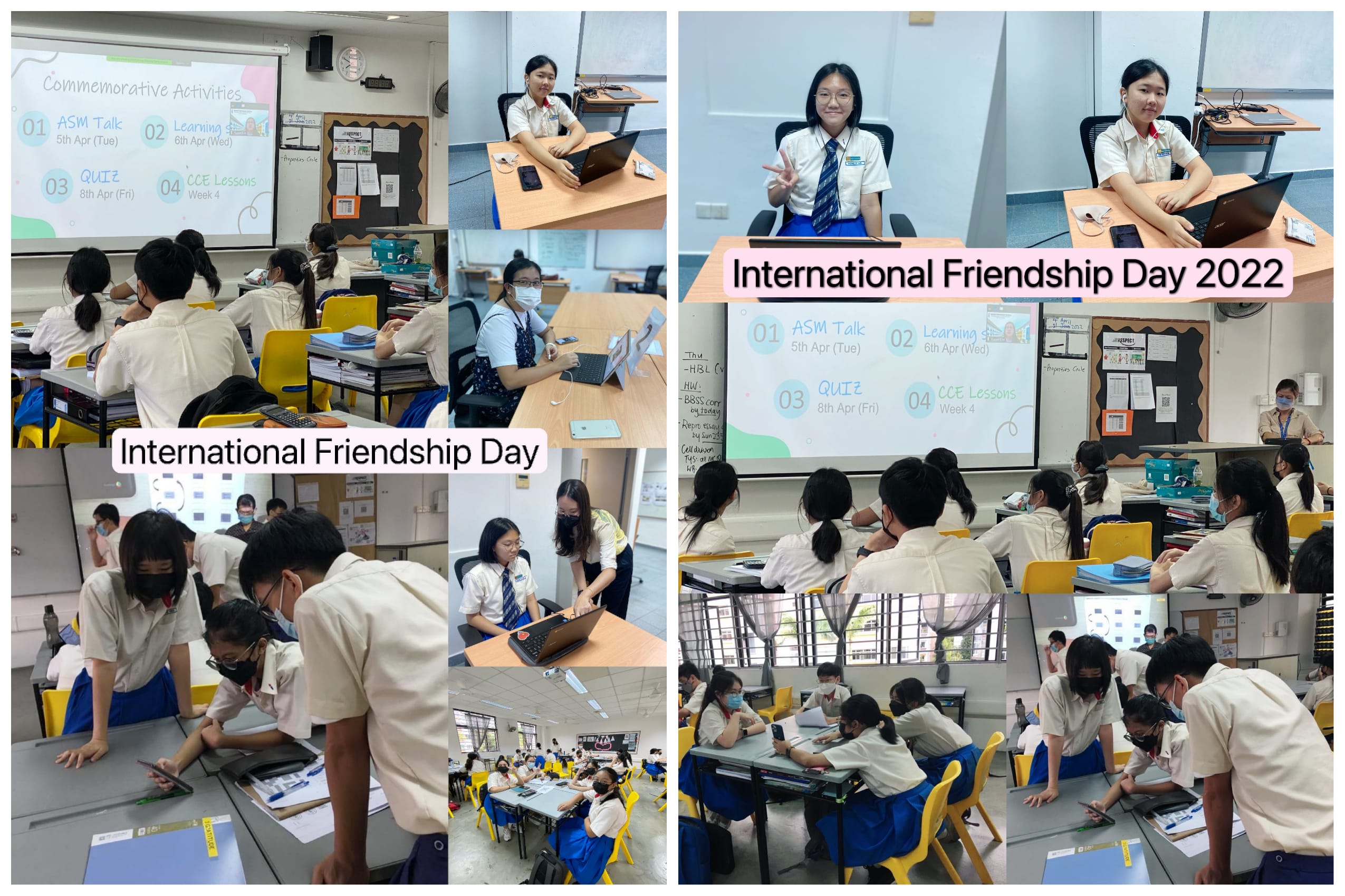 Collage of students in a classroom during International Friendship Day 2022, with talks, quizzes, and group work.