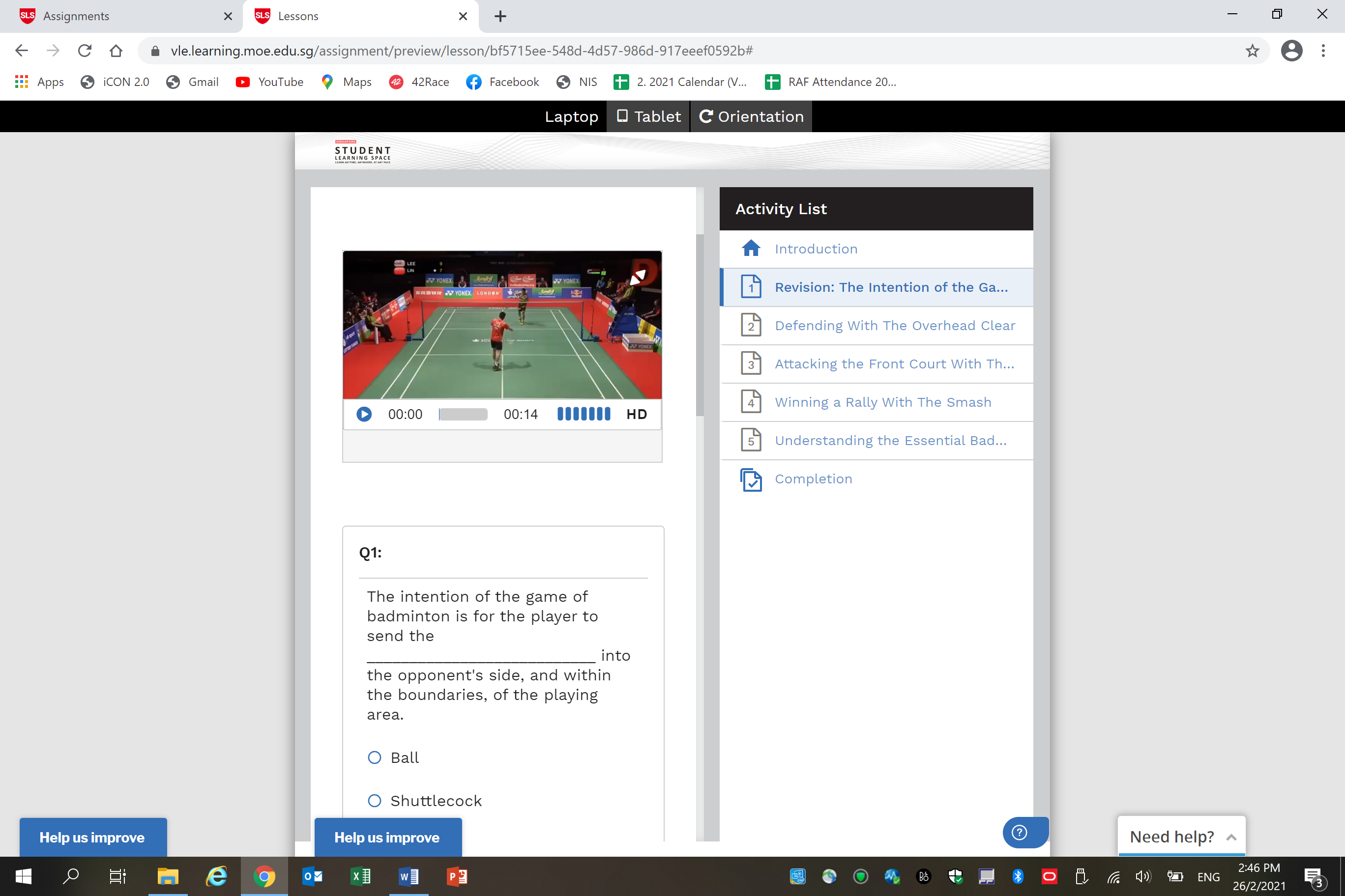 Singapore MOE Student Learning Space website showing a badminton lesson with a video and multiple-choice question.