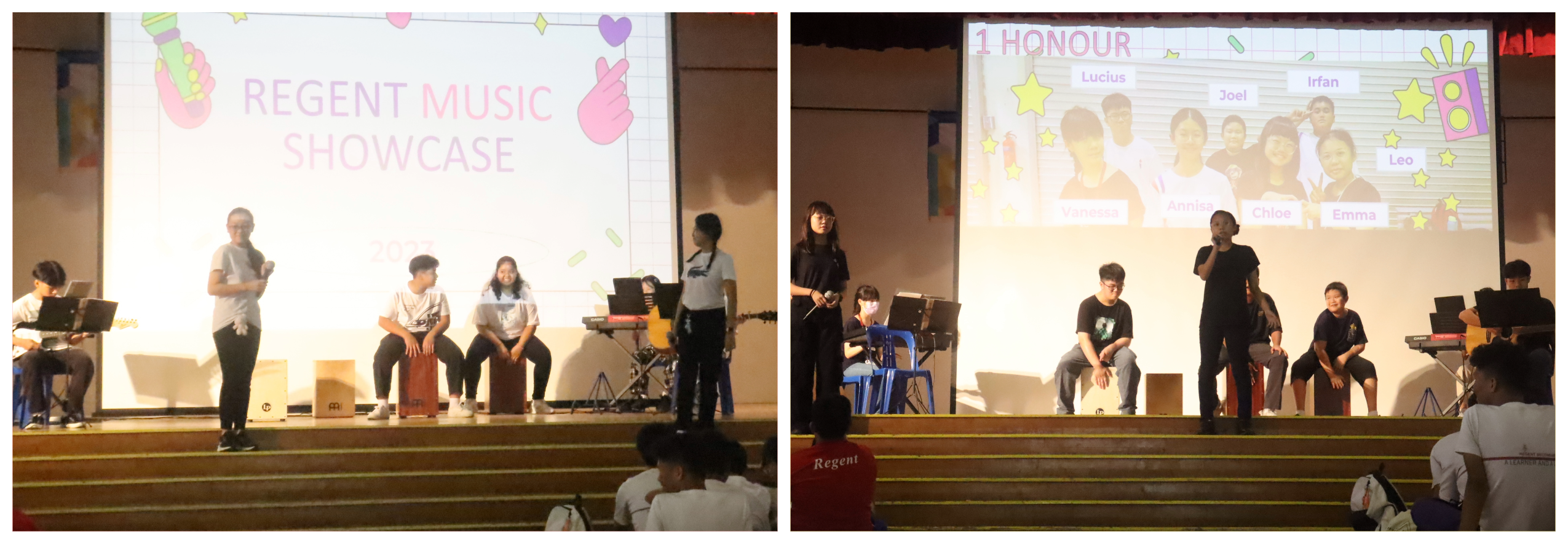 Students perform on stage at the Regent Music Showcase, with a projected slide naming class 1 Honour performers.