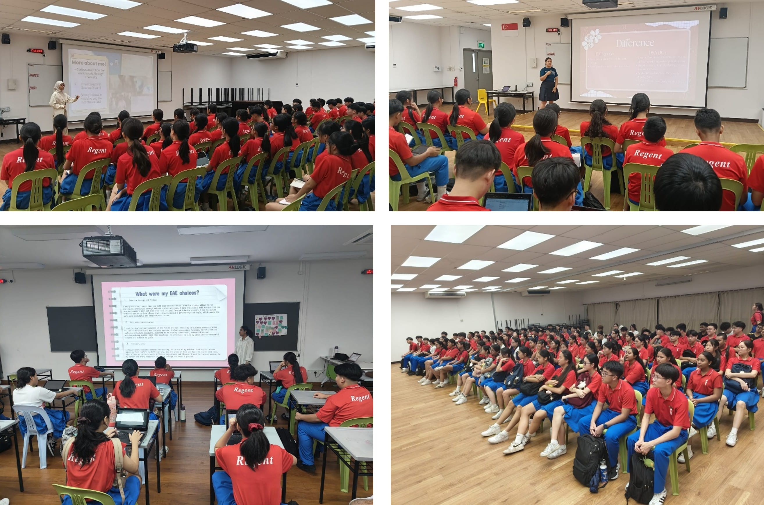 Four photos of students in red Regent uniforms attending school presentations in classrooms and a hall.