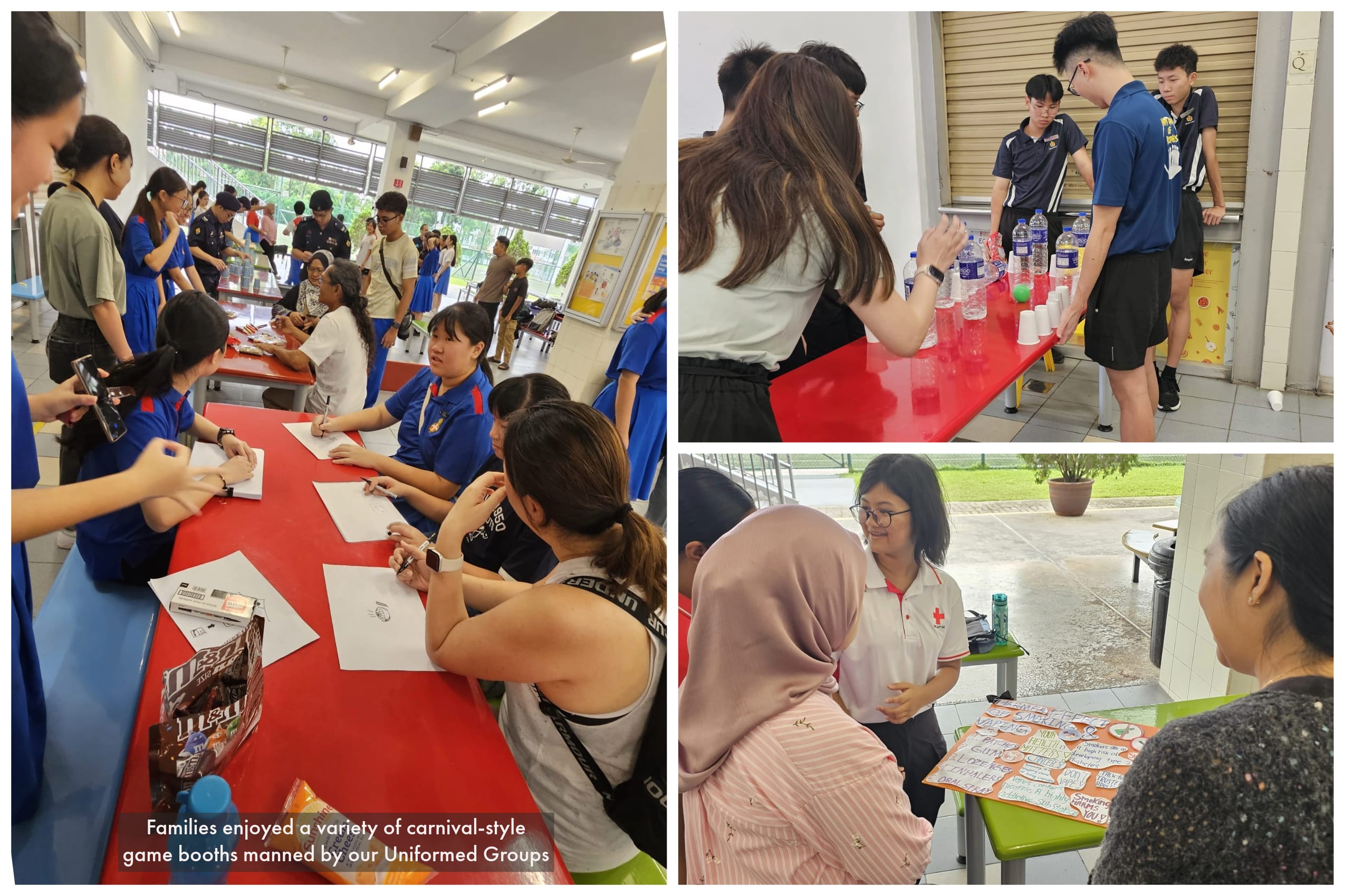 Students in uniforms run carnival game booths for families, with activities at red tables indoors and an outdoor booth.