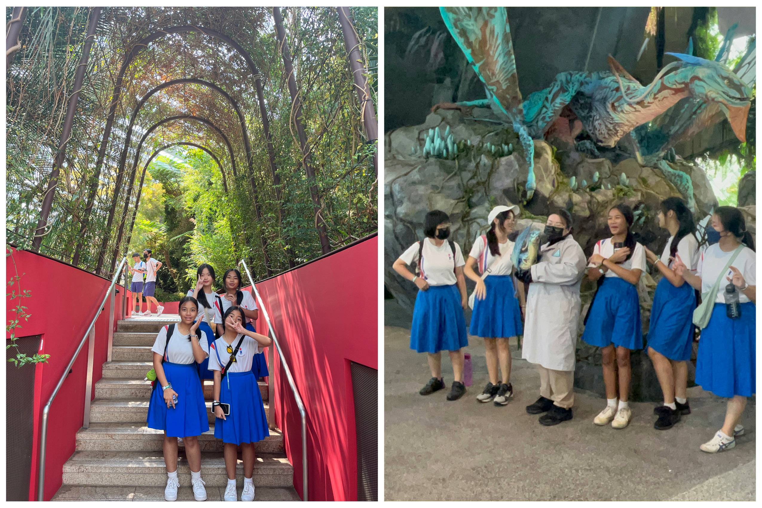 Two photos: students in blue uniforms on stairs under arched vines, and by a large dragon statue indoors.