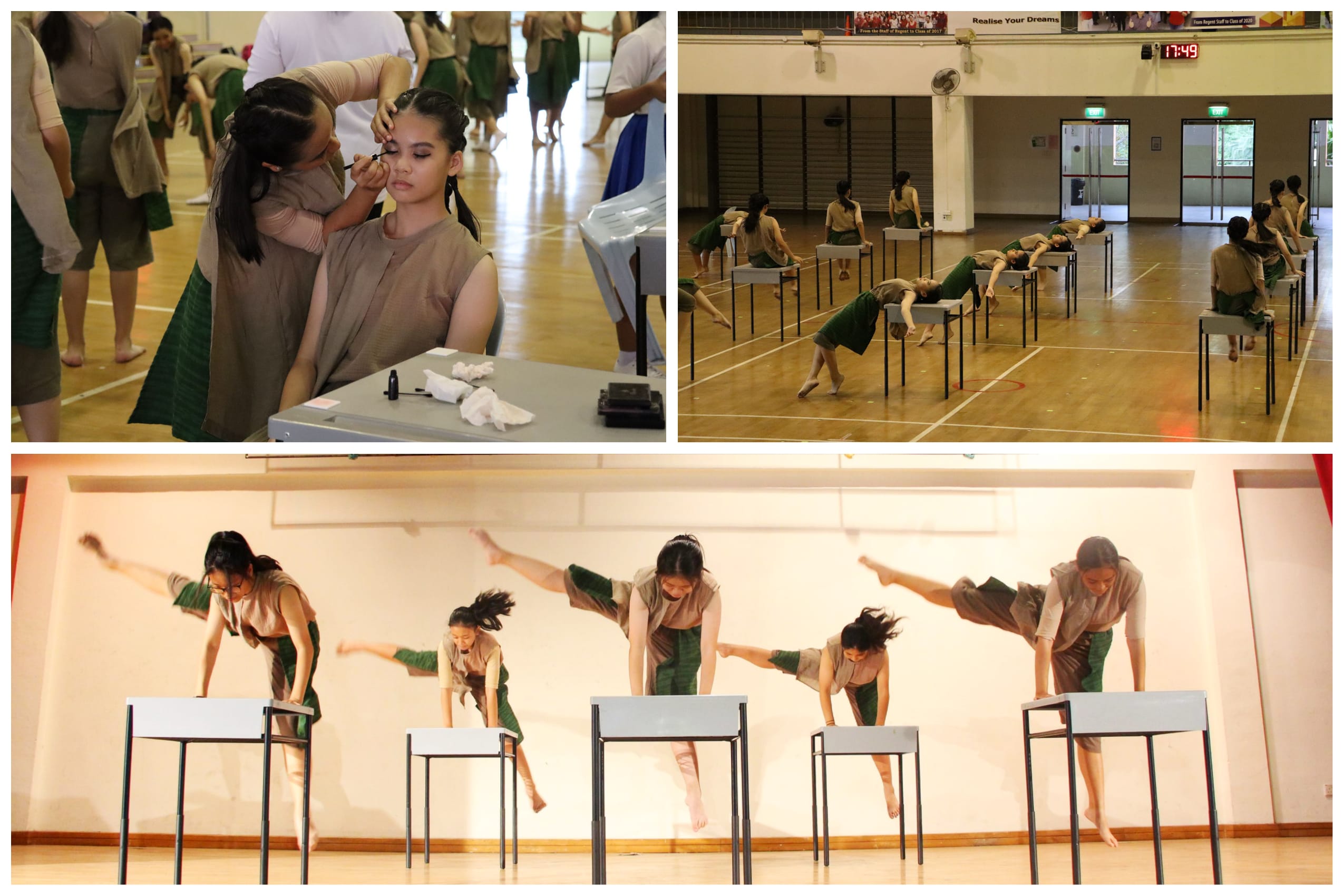Dancers in tan and green costumes perform with desks on stage, plus a backstage makeup scene and rehearsal in a gym.