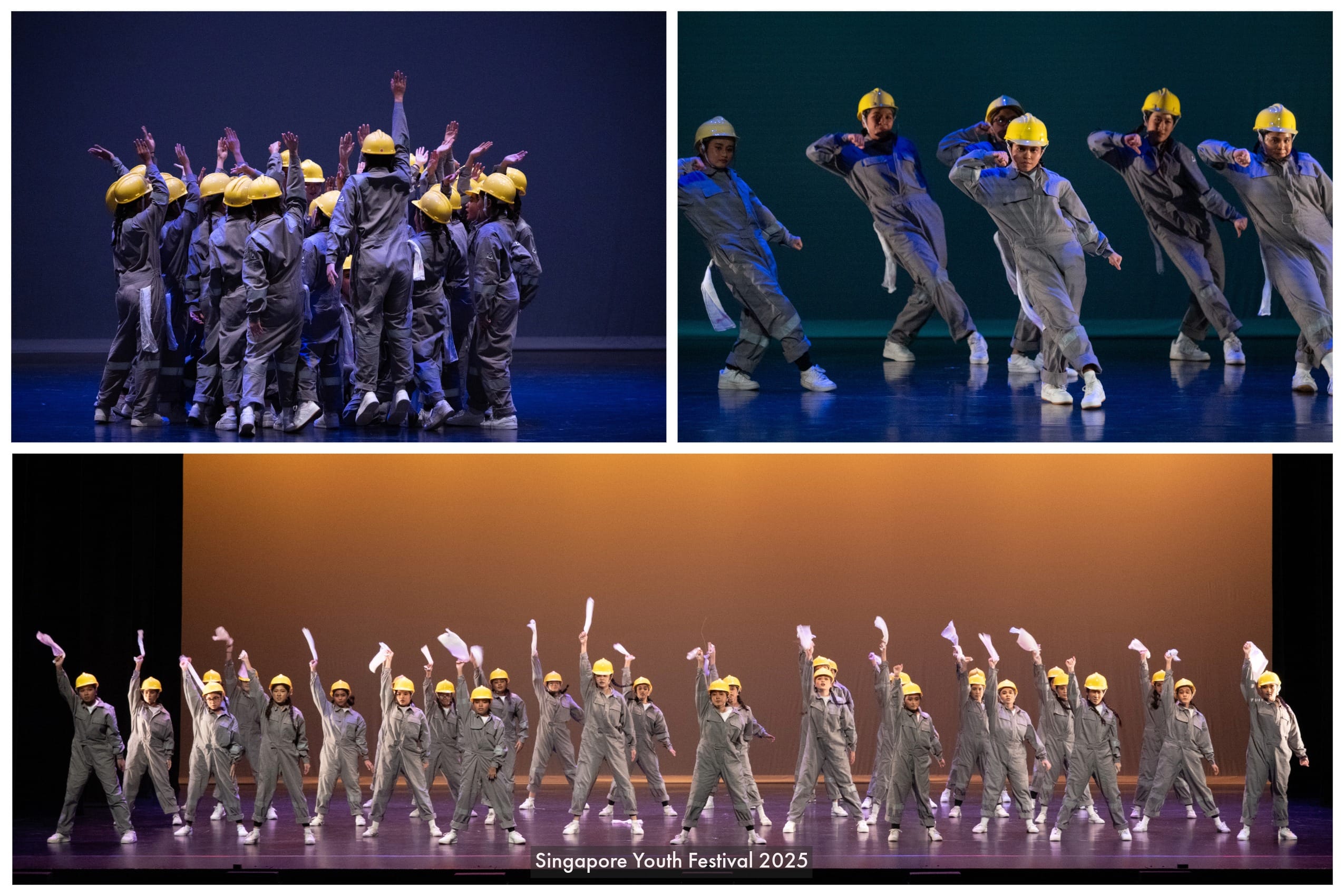 Dancers in gray jumpsuits and yellow hard hats perform on stage at Singapore Youth Festival 2025.