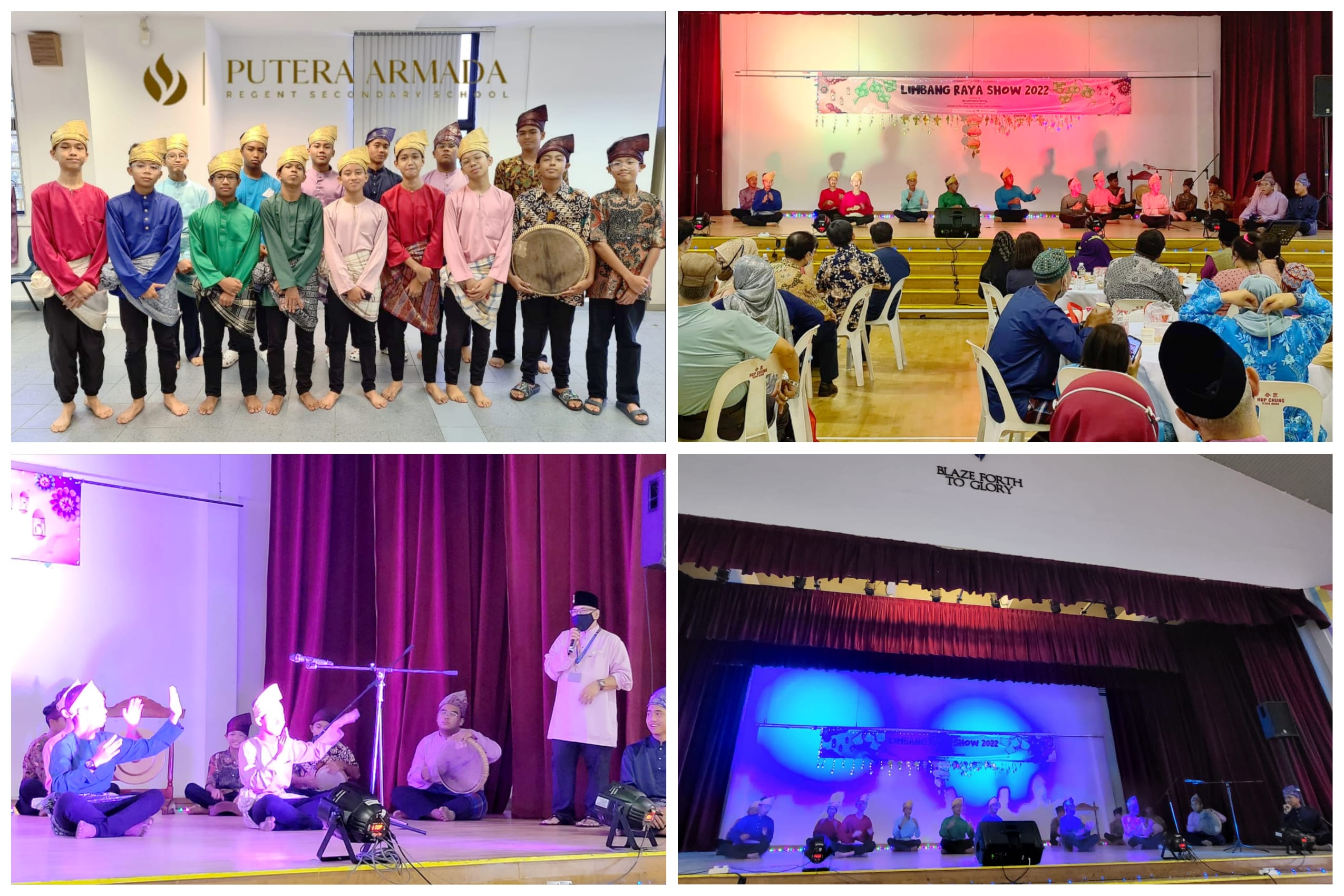 Four photos from Limbang Raya Show 2022 at Putera Armada school, showing boys in traditional Malay attire performing and posing.