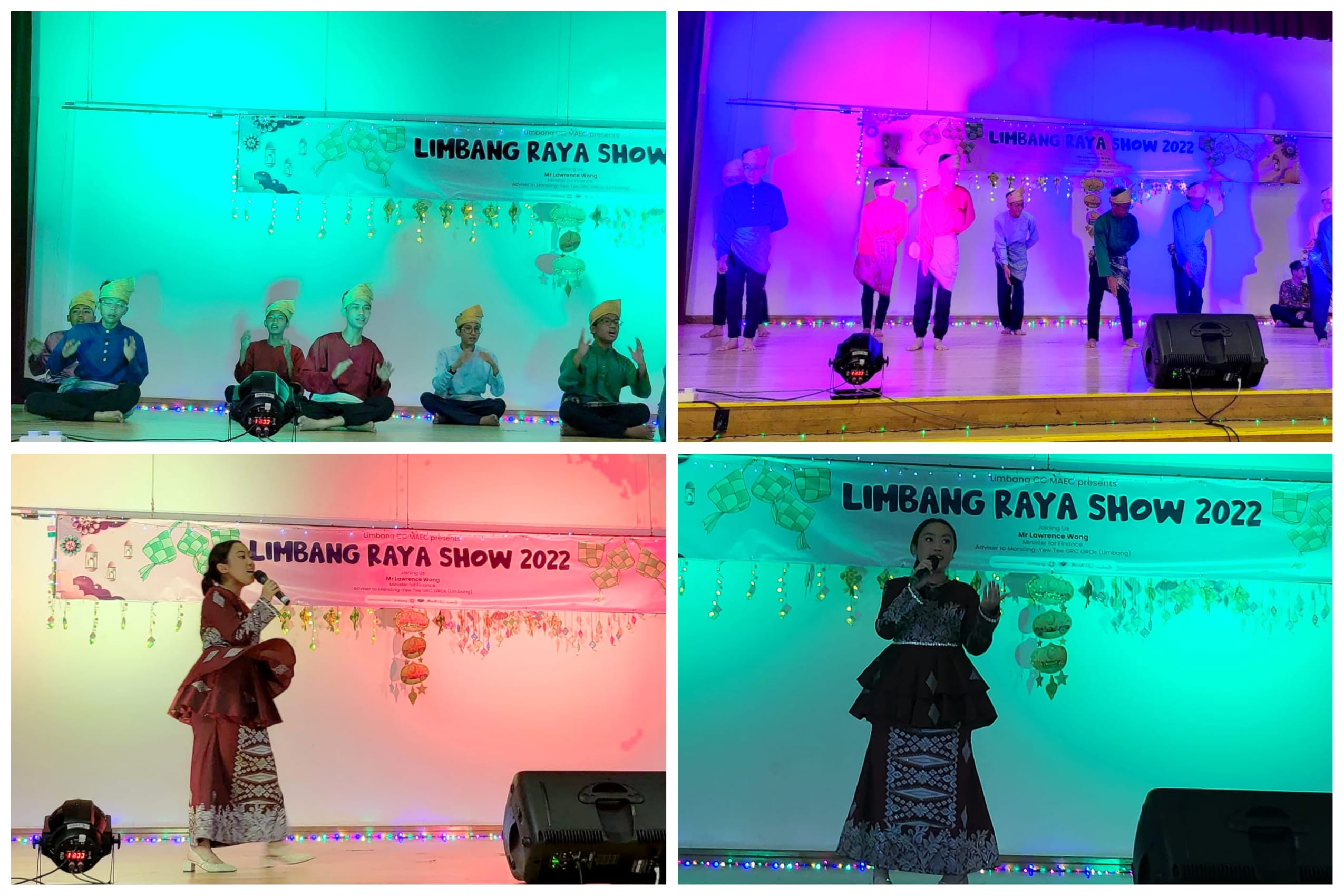 Four scenes from Limbang Raya Show 2022 featuring seated drummers, dancers, and two female singers in traditional attire.
