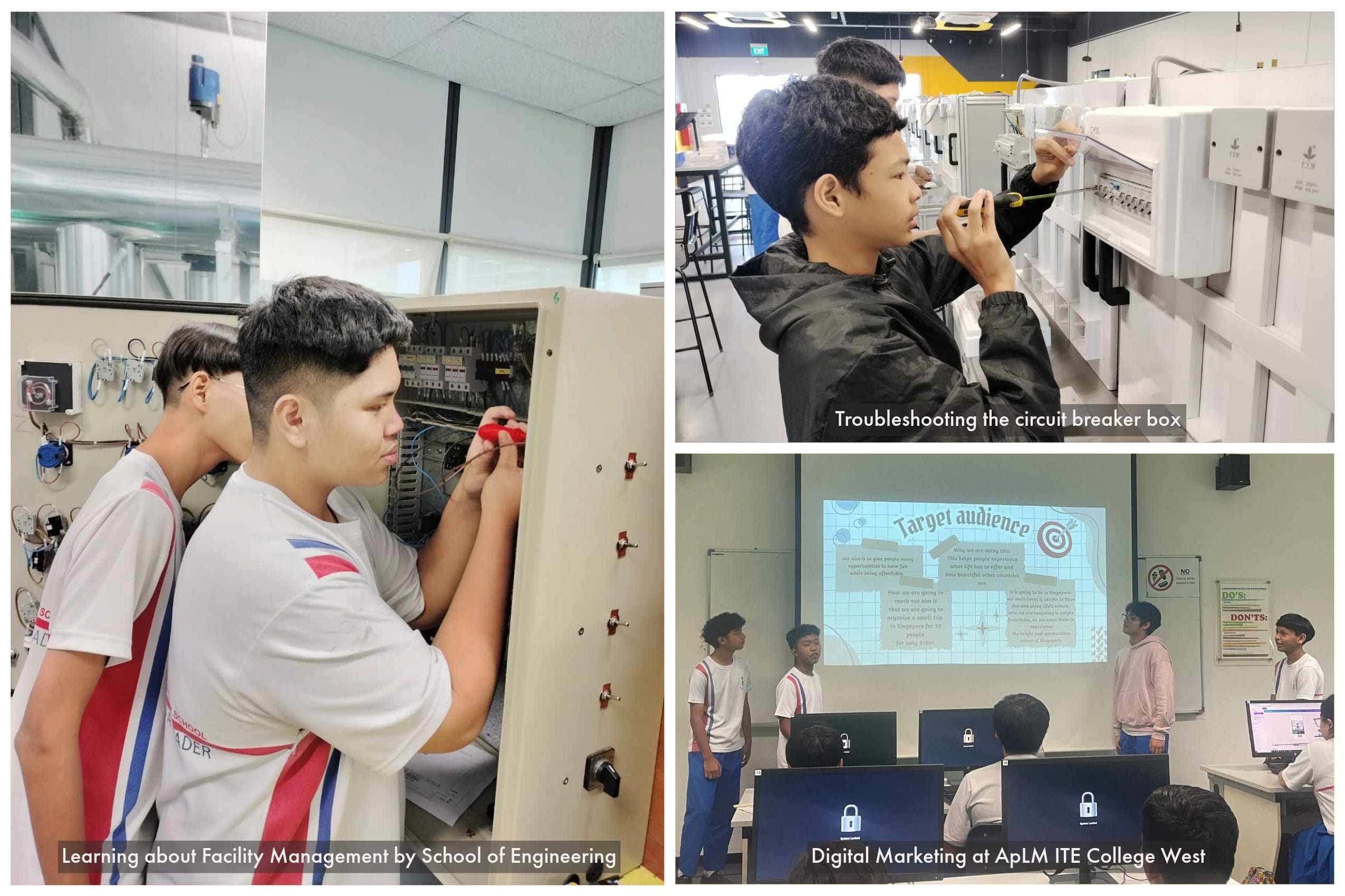 Three scenes of students at ITE College West: working on electrical panels and presenting a digital marketing slideshow.