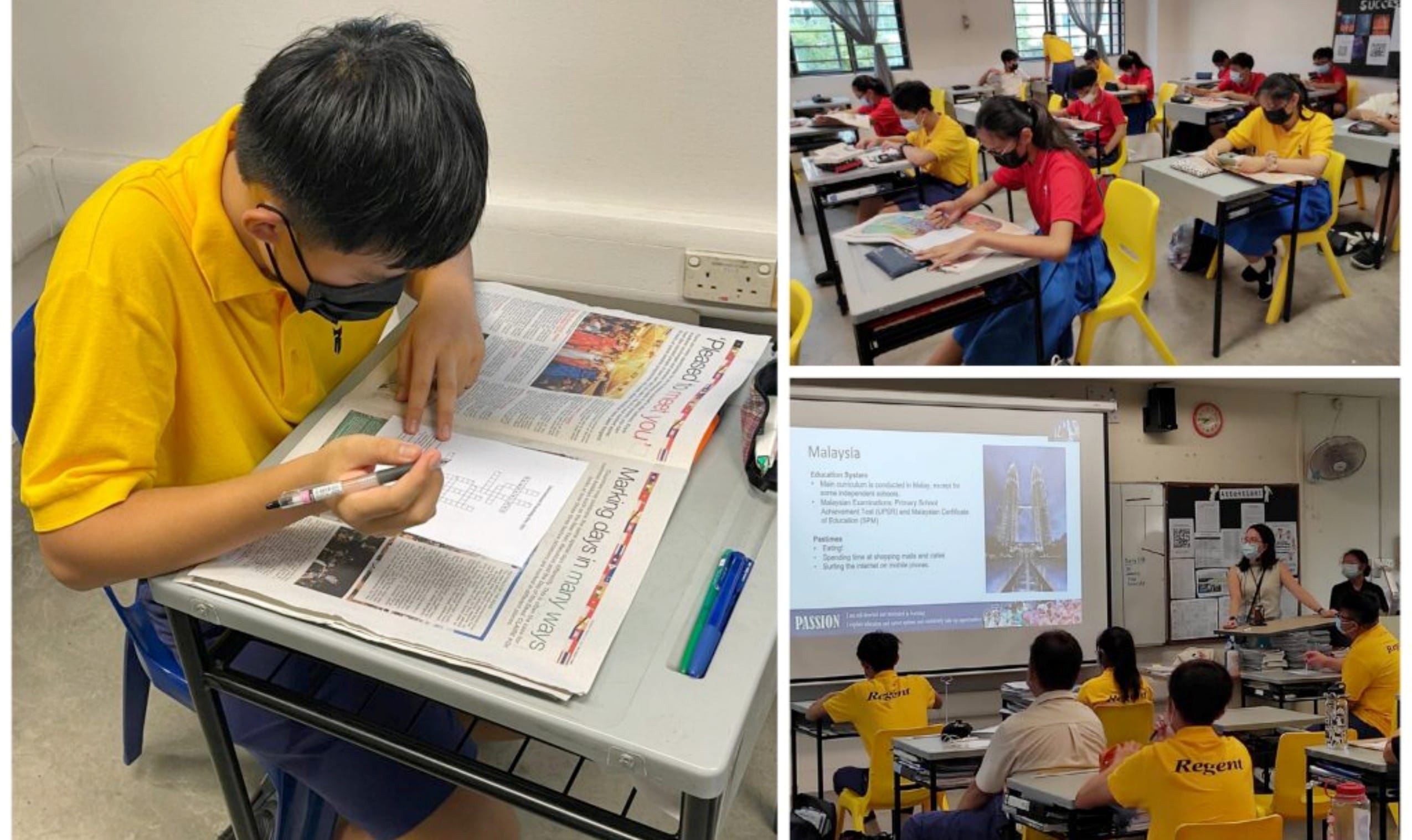 Students in yellow uniforms and masks study in a classroom, one reading a newspaper, others viewing a Malaysia presentation.