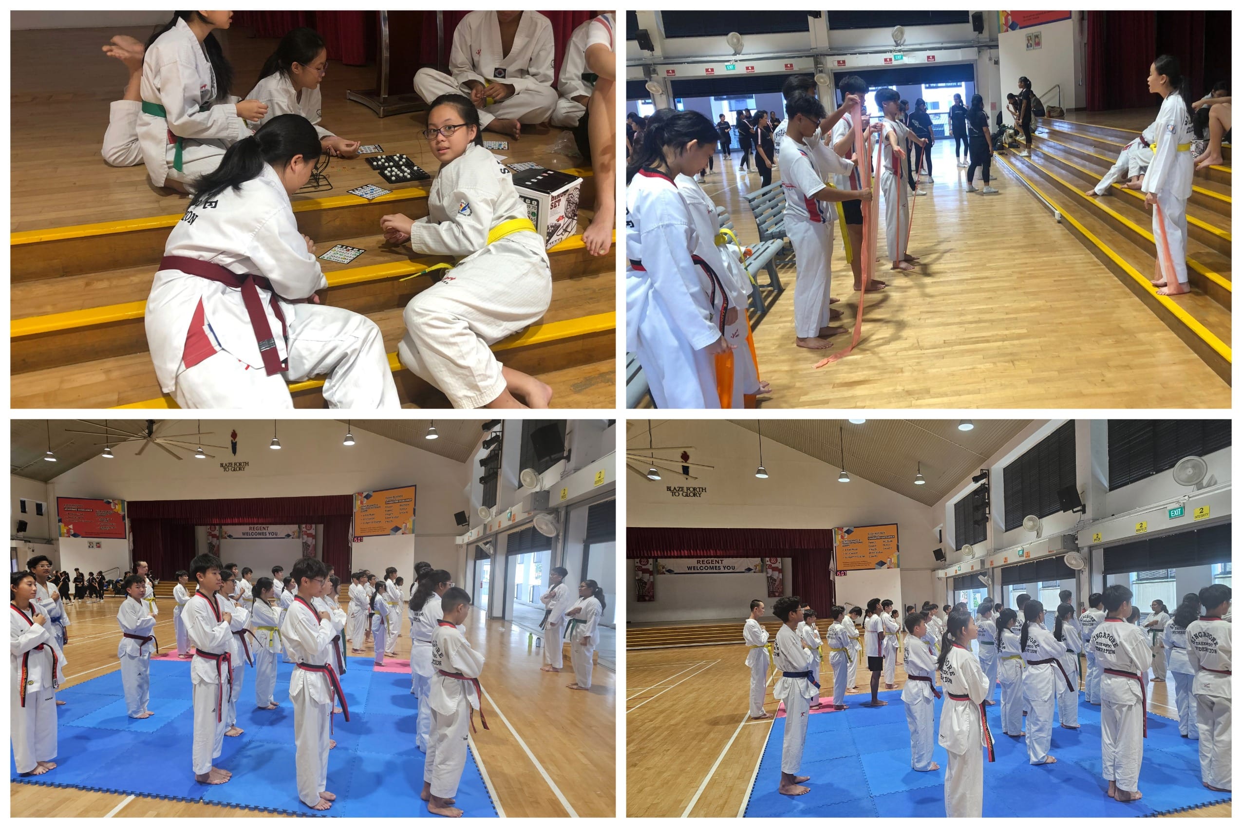 Four scenes of taekwondo students in white uniforms practicing, stretching, and playing board games in a school hall.