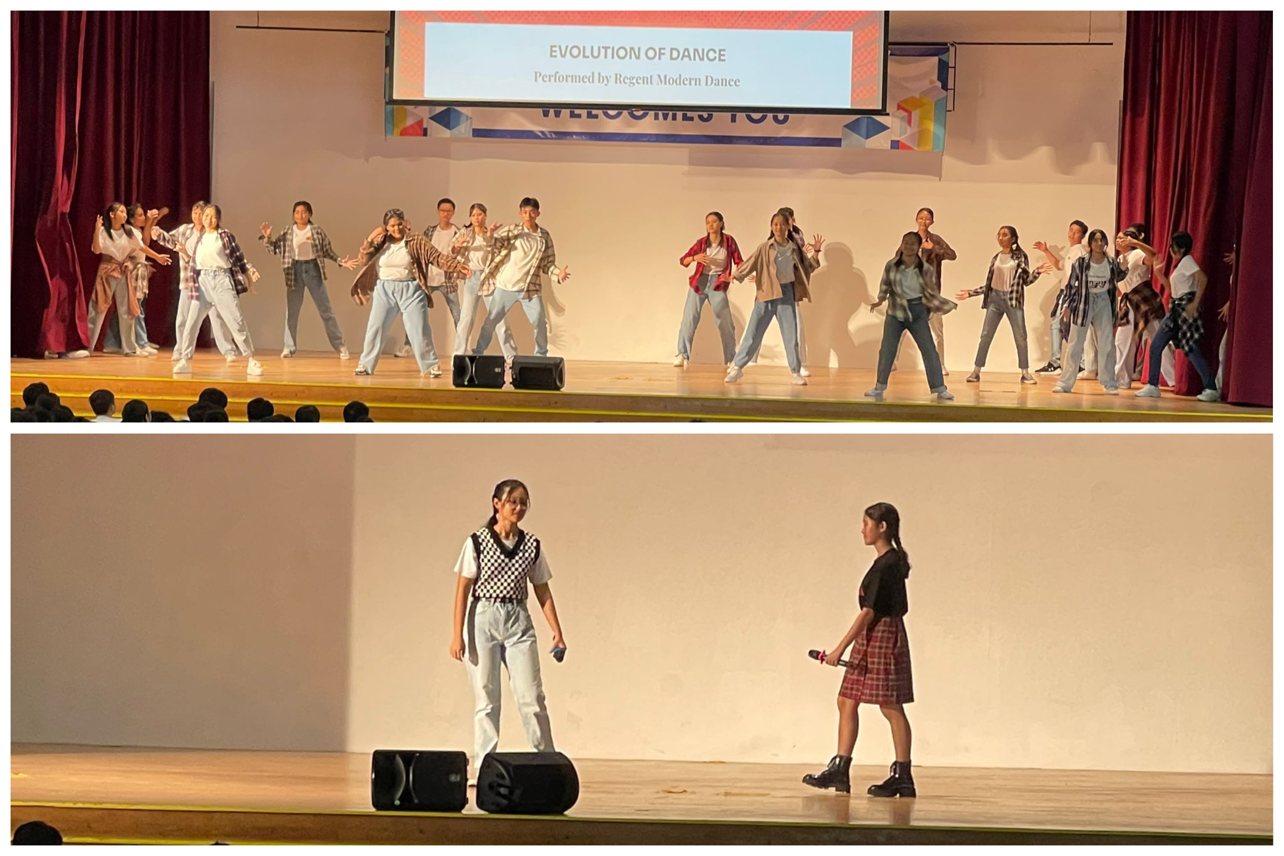 Students perform "Evolution of Dance" by Regent Modern Dance on a school auditorium stage before an audience.