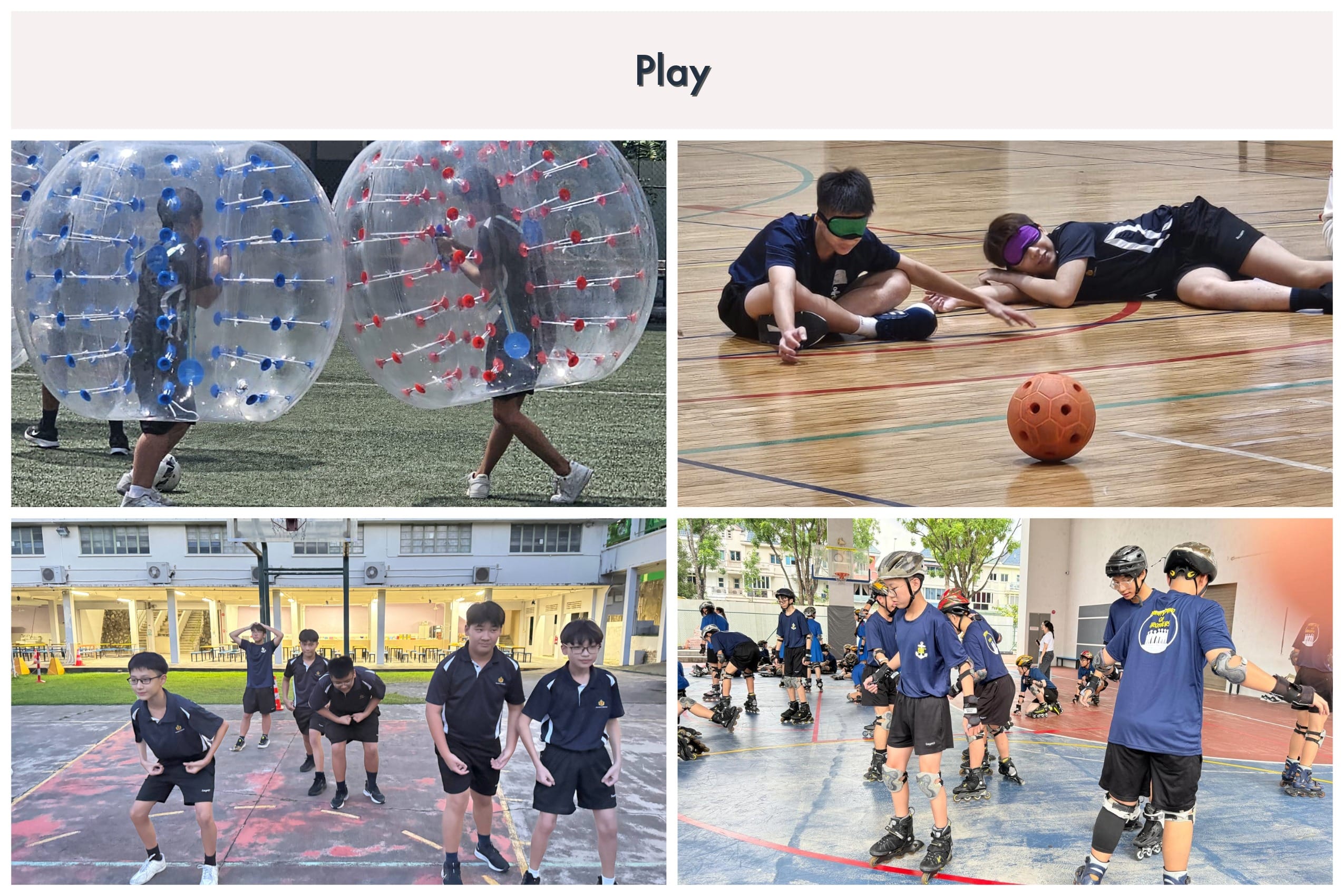 Four photos of students playing bubble soccer, blindfolded goalball, outdoor games, and inline skating.