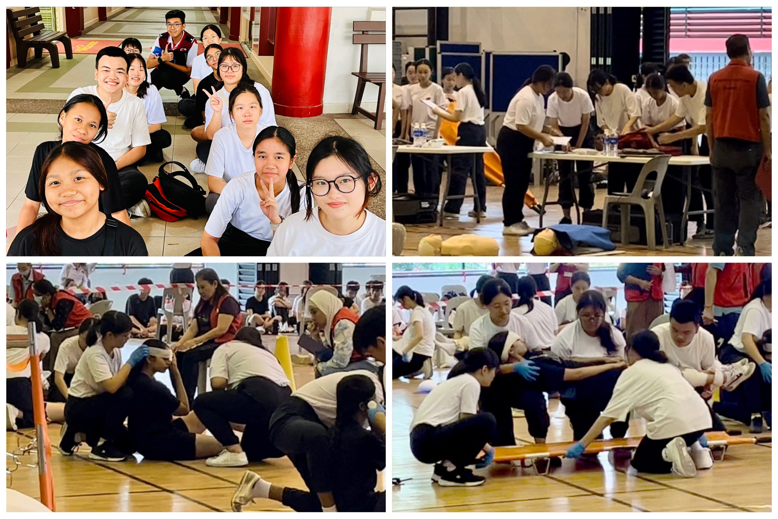 Four photos of students in white shirts practicing first aid skills, including bandaging and using stretchers indoors.