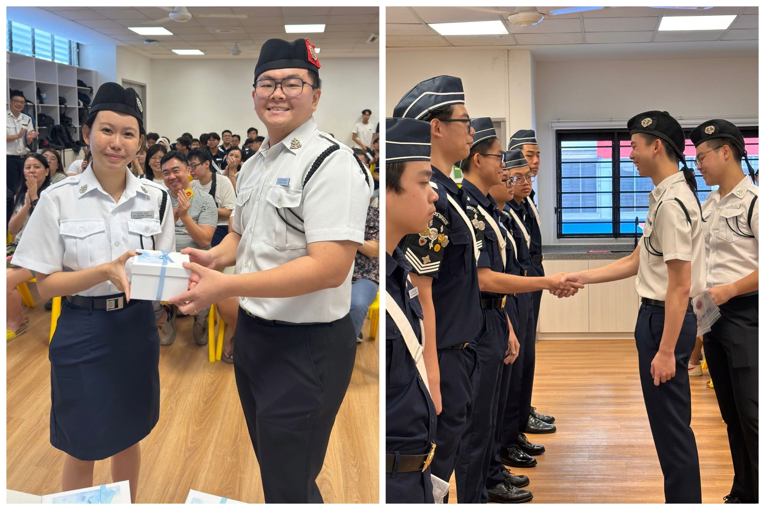 Two uniformed cadets hold a gift box while others in dark uniforms shake hands in a ceremony indoors.
