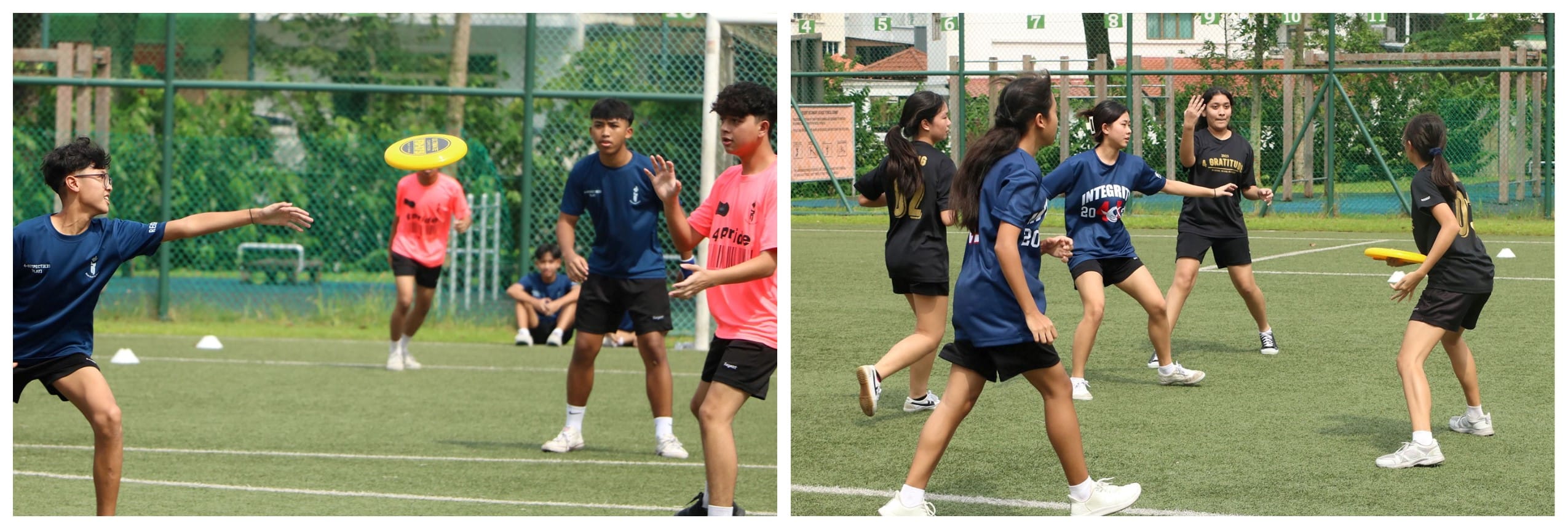 Teens playing ultimate frisbee on a green turf field, with yellow frisbees visible in both scenes.