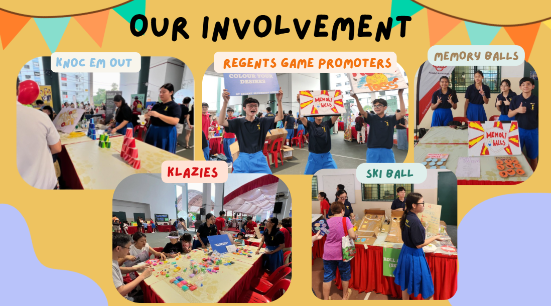 Students in blue uniforms running five carnival game booths labeled Knoc Em Out, Regents Game Promoters, Memory Balls, Klazies, and Ski Ball.