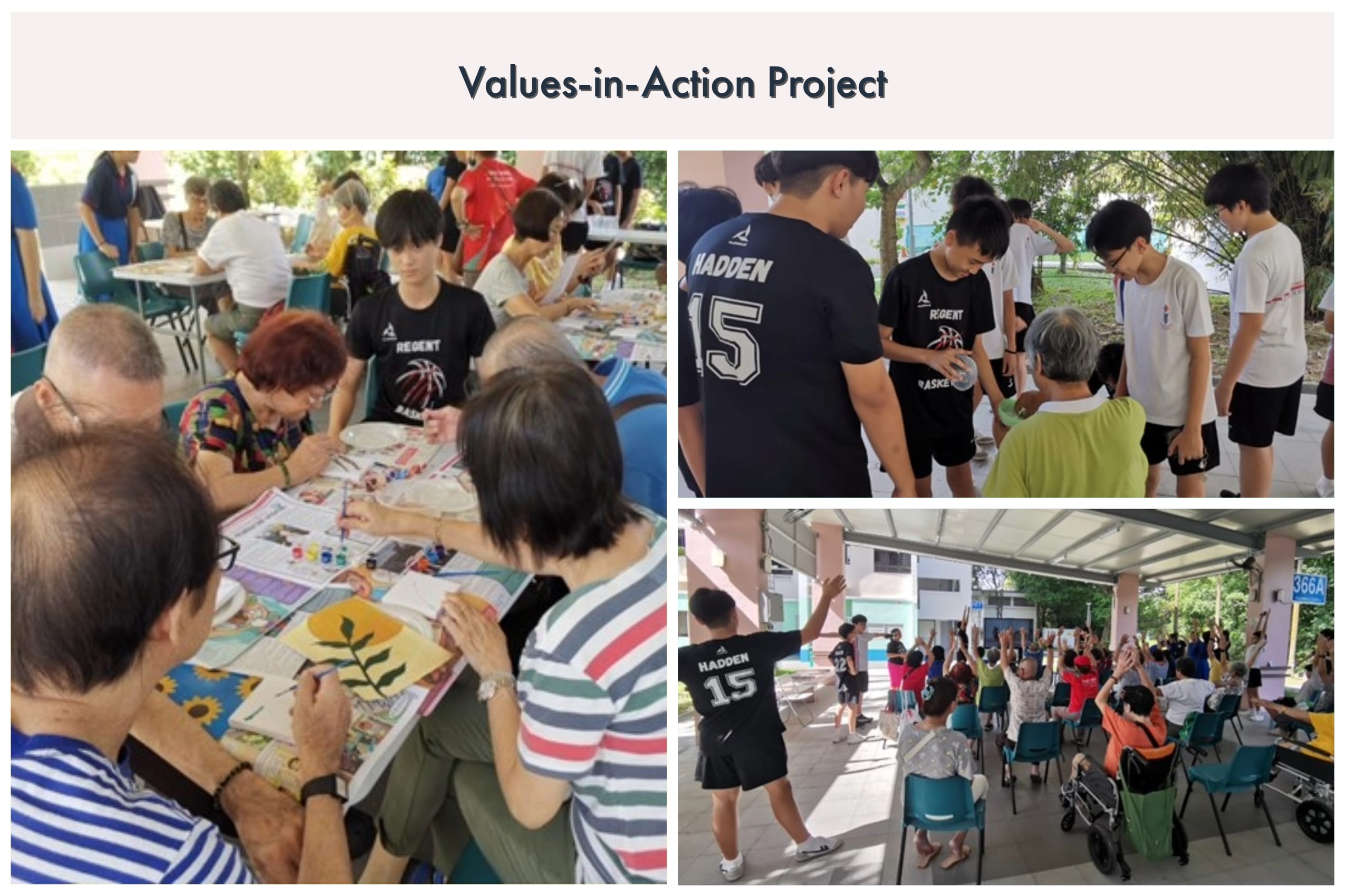 Three photos of a Values-in-Action Project showing youth in Regent basketball jerseys doing crafts and exercises with elderly people outdoors.