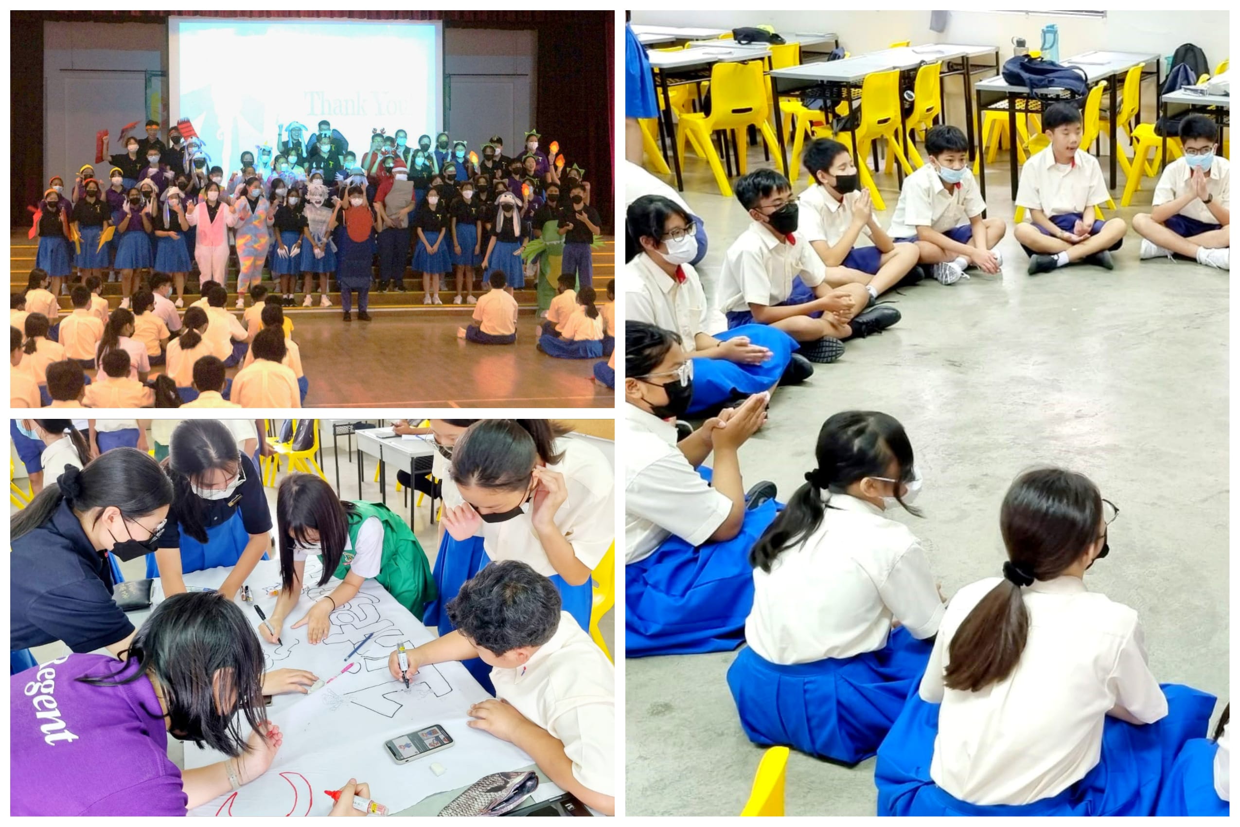 Three school scenes: students in costumes on stage, kids sitting on a floor listening, and students drawing on a large poster.