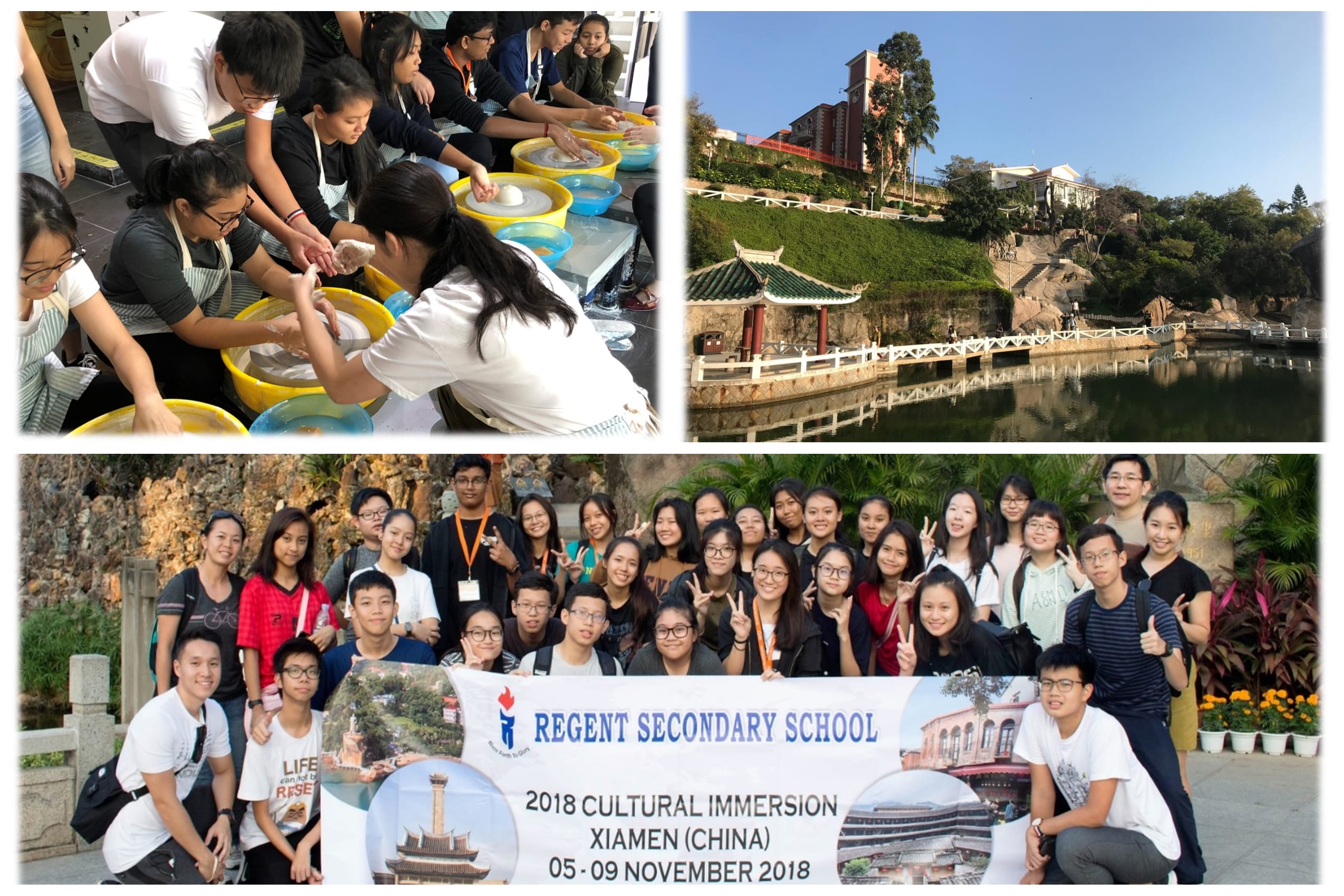 Students from Regent Secondary School pose with a banner at their 2018 Cultural Immersion trip to Xiamen, China.