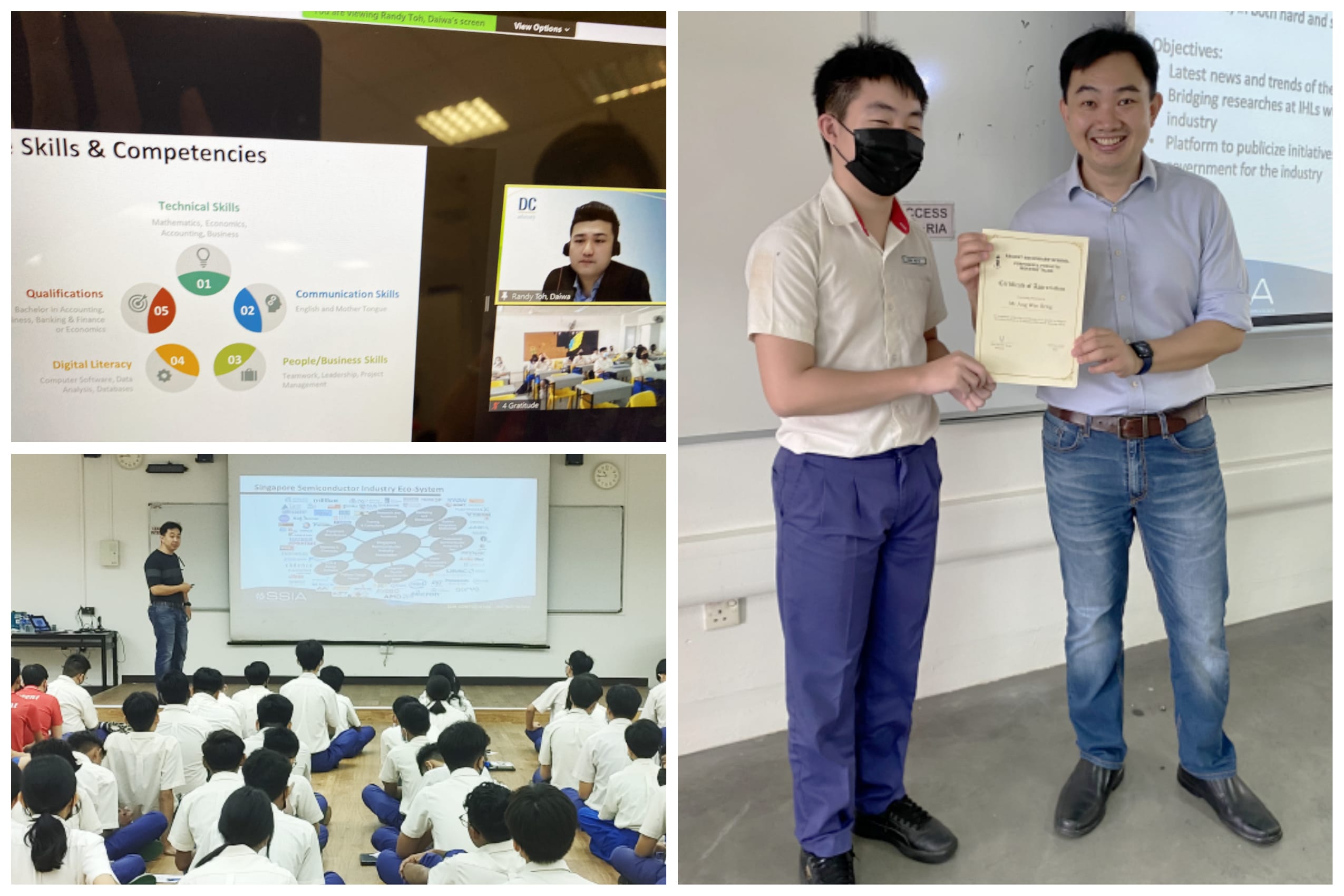 Three scenes: a skills presentation slide, students at a talk, and two men holding a certificate.