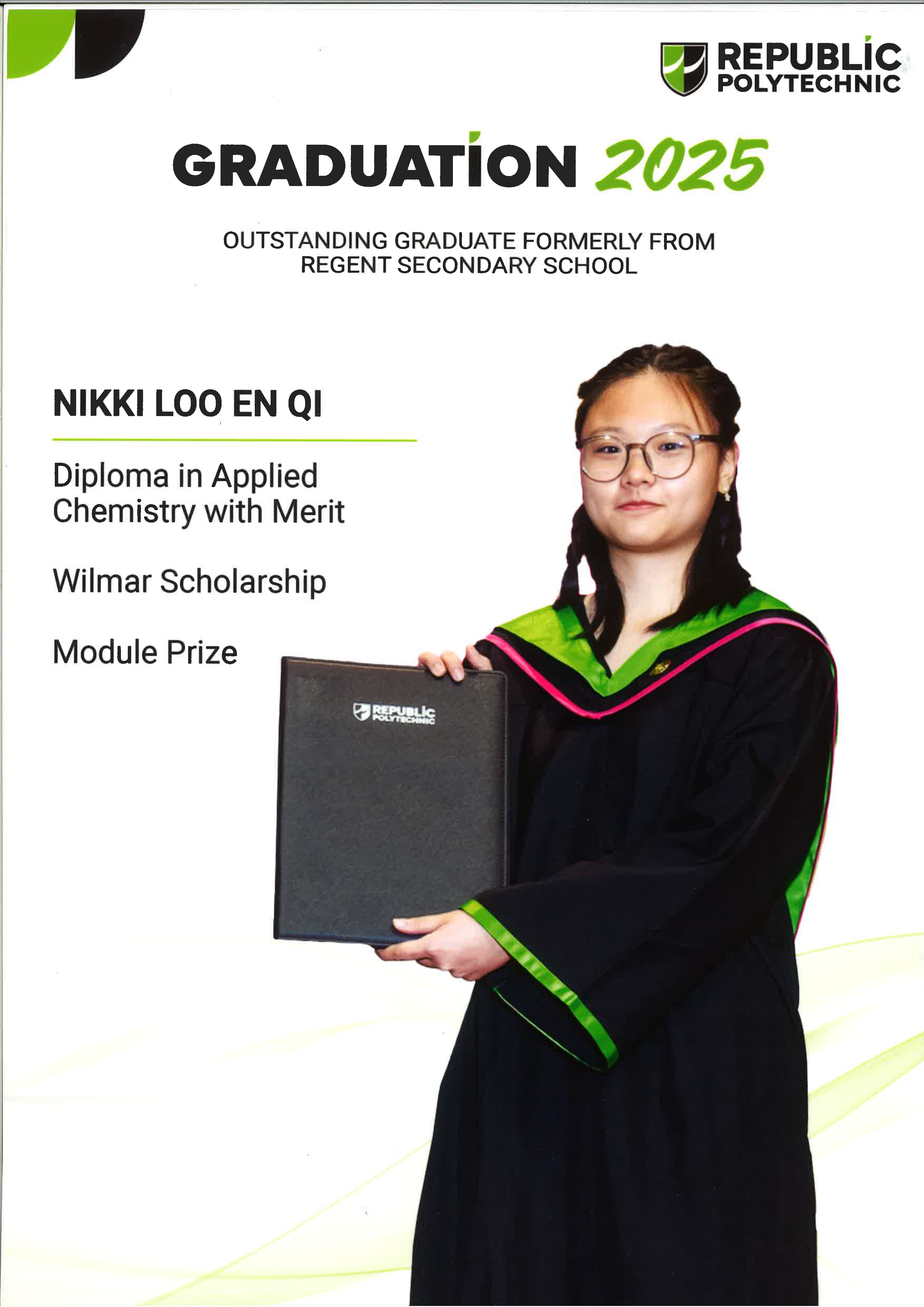 Republic Polytechnic Graduation 2025 certificate for Nikki Loo En Qi, shown holding a diploma in academic gown.