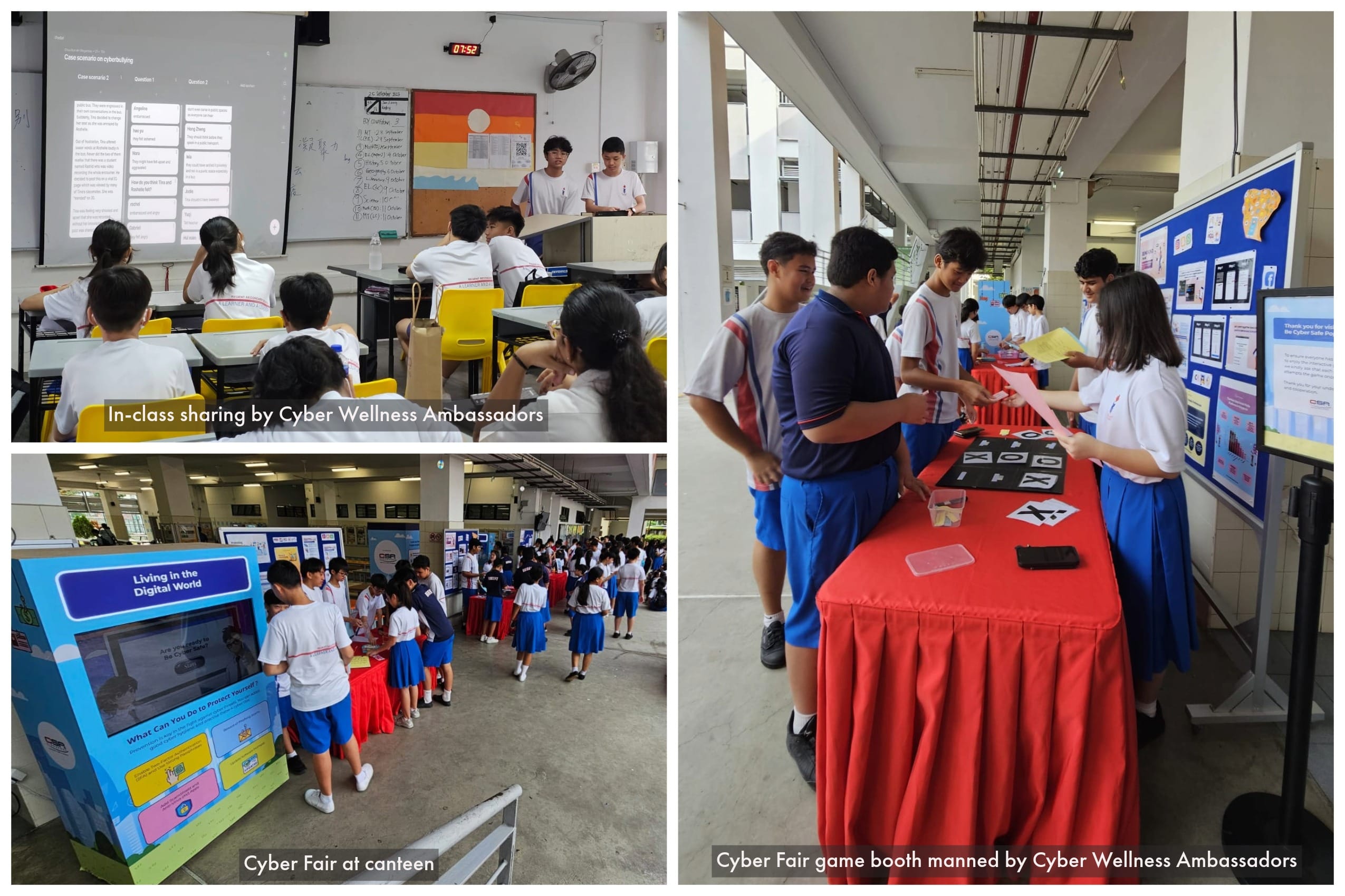 Students participate in a school Cyber Wellness Fair with classroom presentations, canteen booths, and interactive game stations.