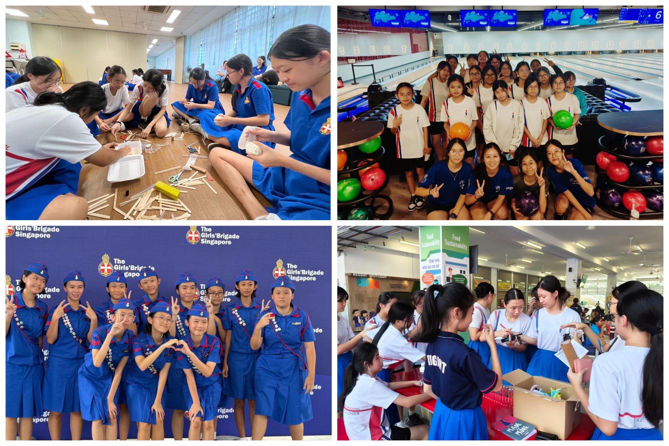 Four photos of Girls Brigade Singapore members doing crafts, bowling, posing in uniform, and gathering at an event.
