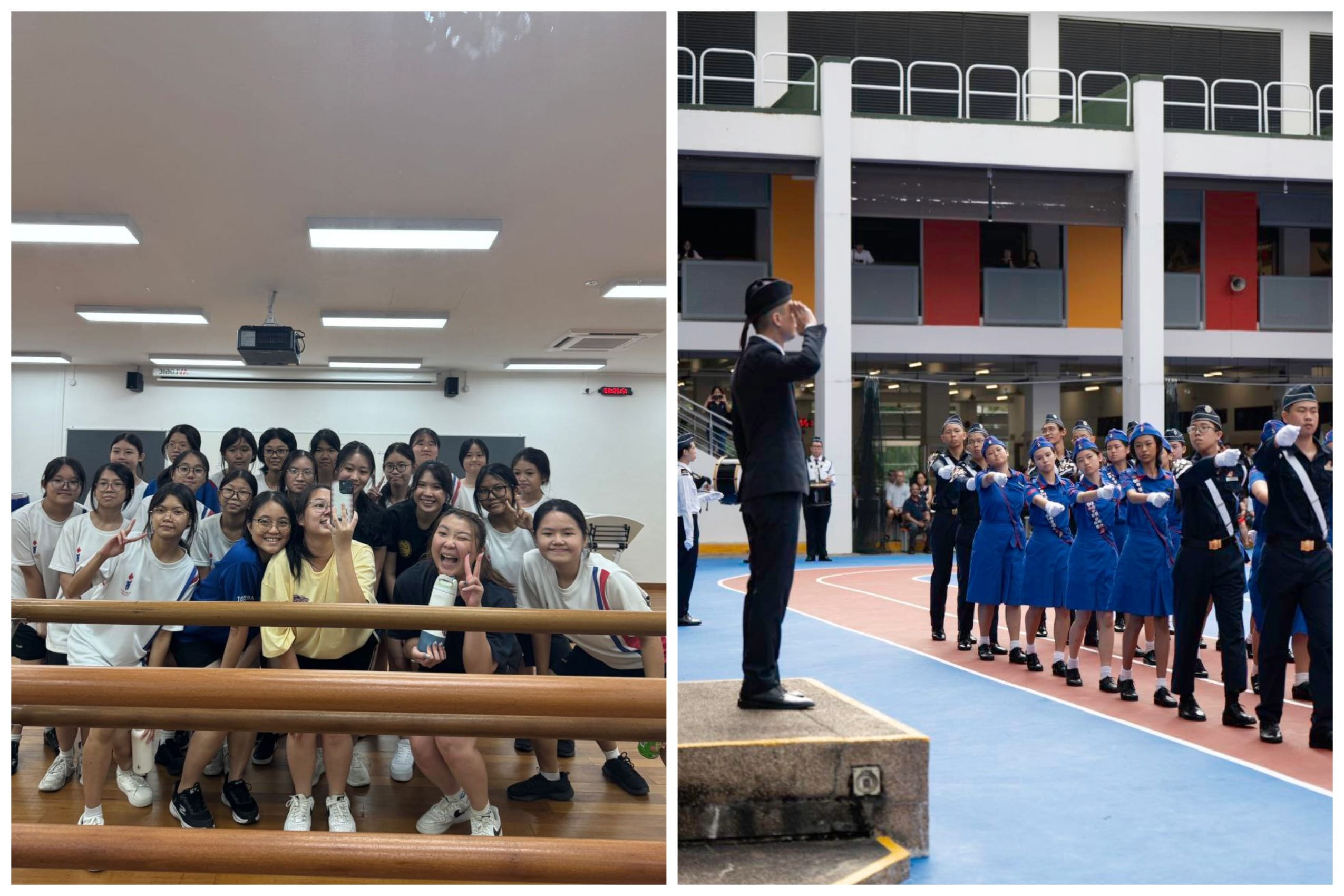 Two scenes: students posing indoors, and a uniformed cadet drill ceremony outdoors at a school courtyard.