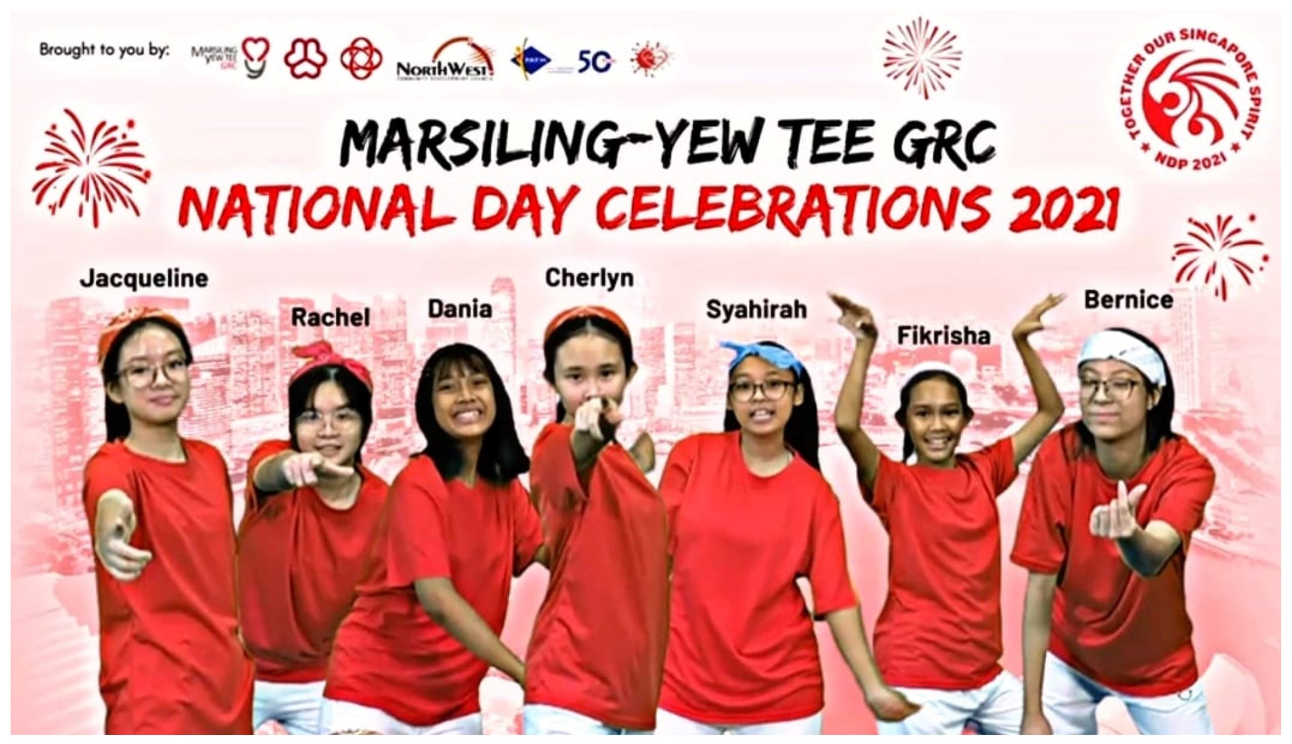 Seven girls in red shirts pose for Marsiling-Yew Tee GRC National Day Celebrations 2021 banner.