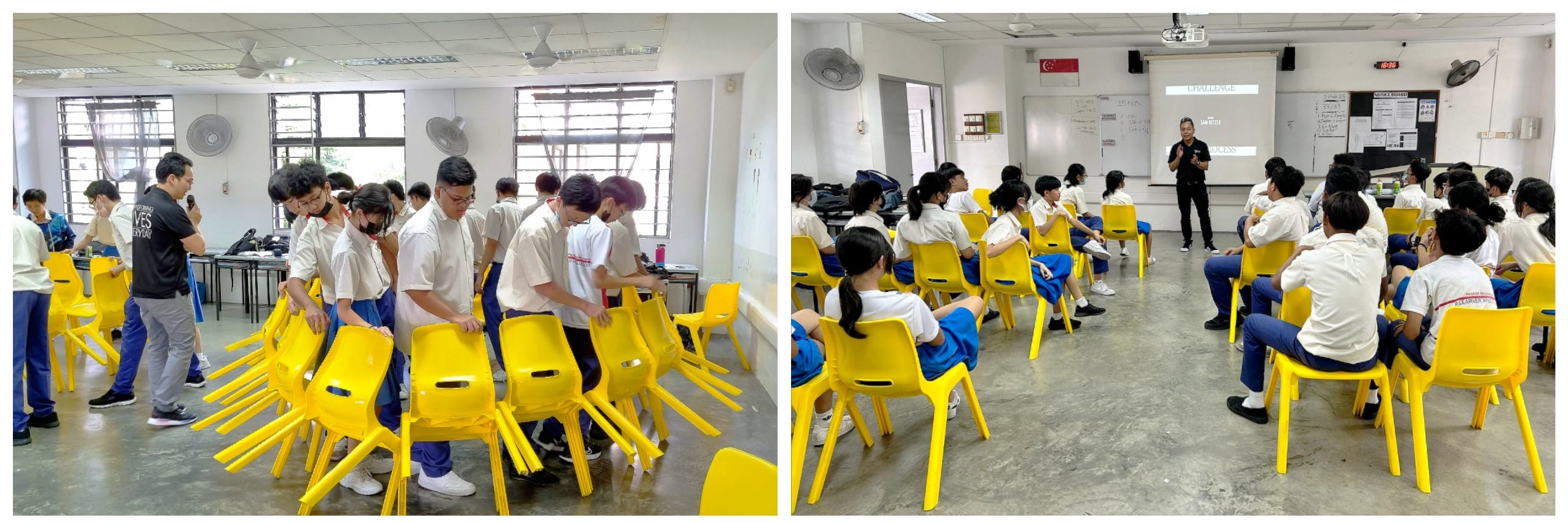 Students arrange yellow chairs in a classroom while an instructor presents at a whiteboard in a side-by-side school activity scene.