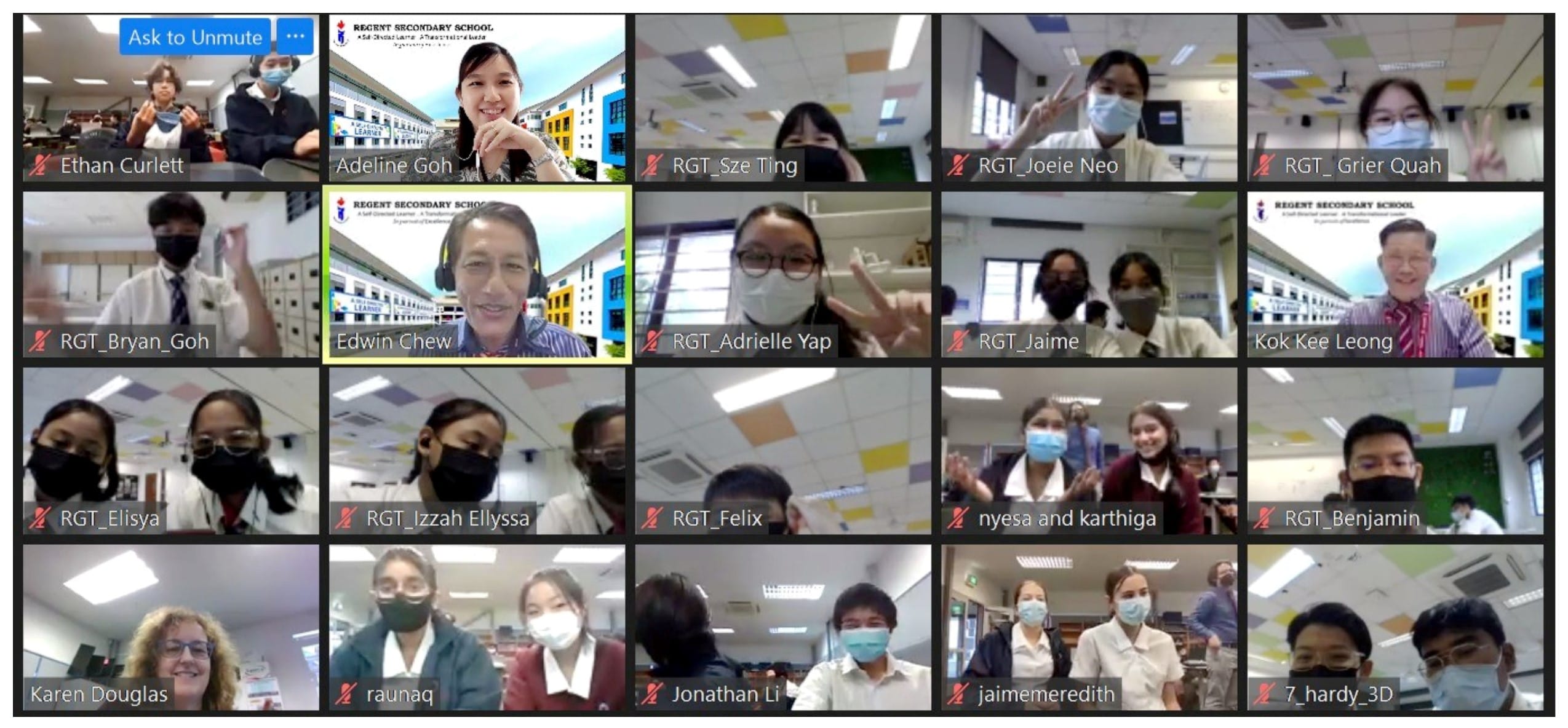A video call grid showing 20 participants, mostly masked students and teachers from Regent Secondary School.