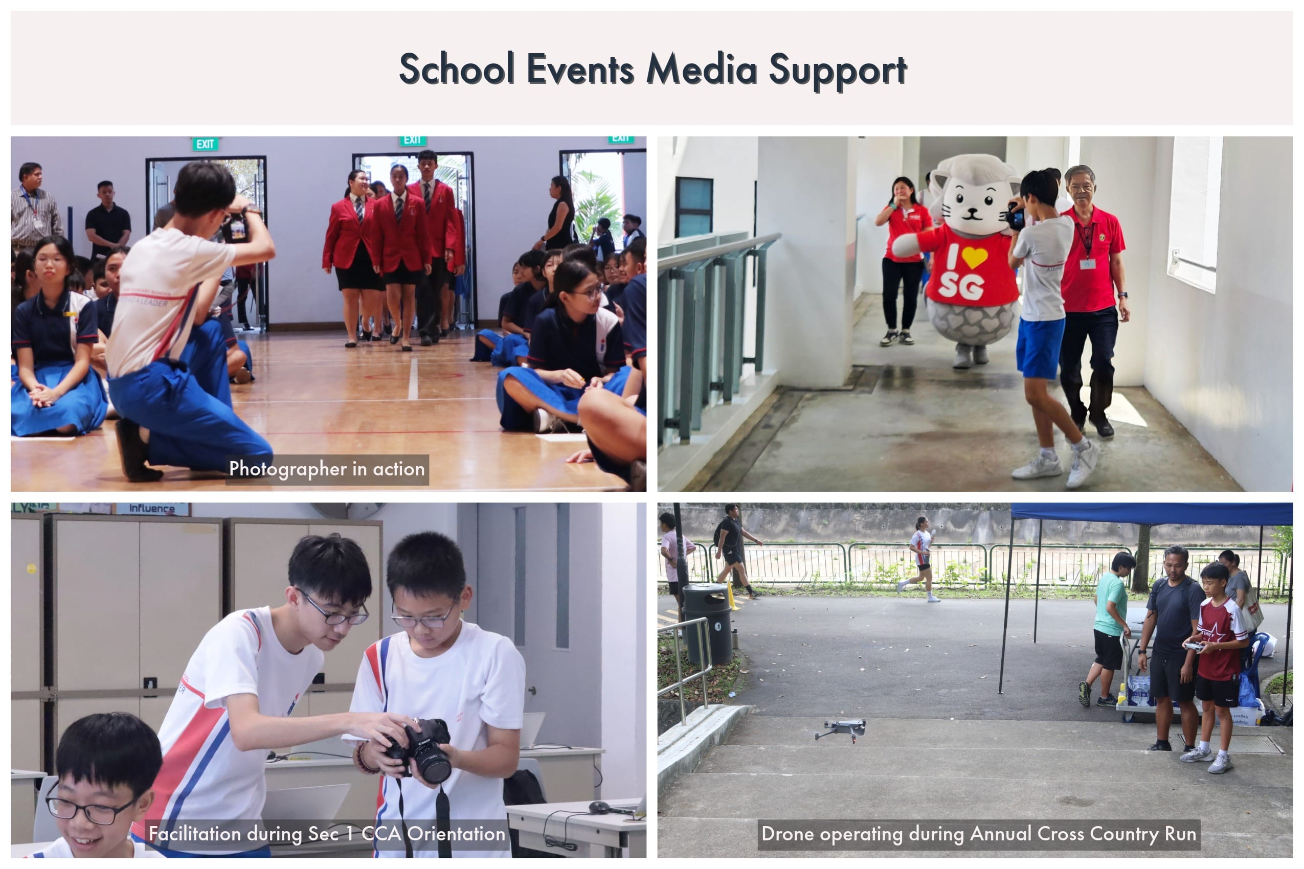 Four school event photos showing a photographer, an I Love SG mascot, students with a camera, and drone operation outdoors.