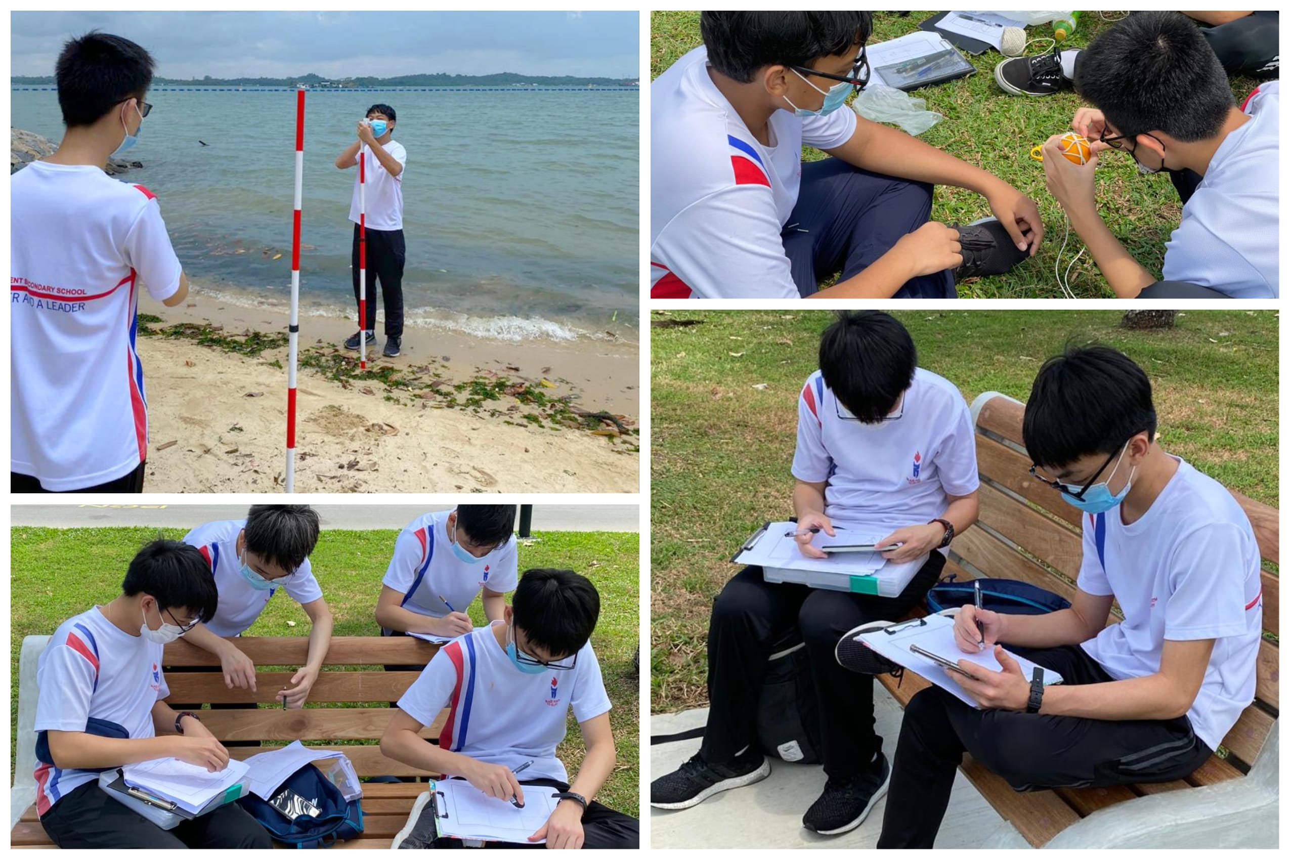 Students in white uniforms conduct outdoor fieldwork near a beach, taking measurements and writing notes on clipboards.