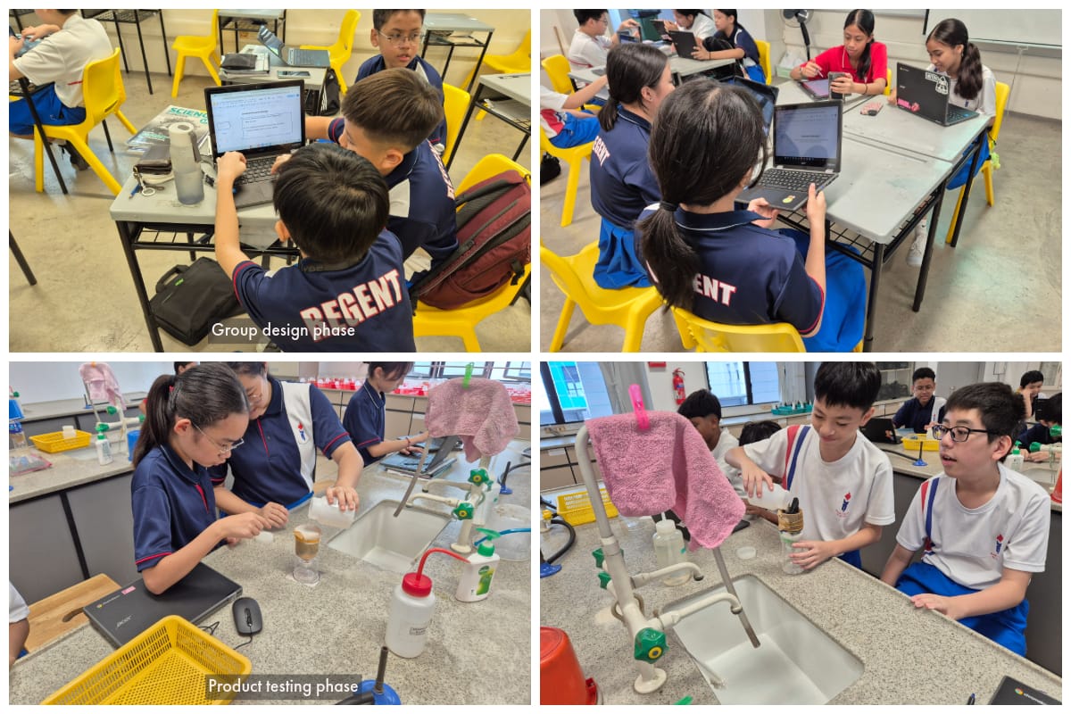Students in school uniforms work on laptops during a group design phase and conduct lab experiments in a product testing phase.