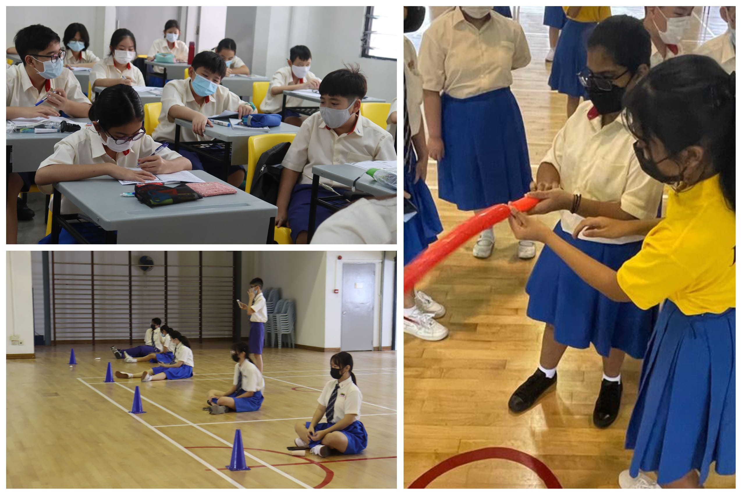 Three scenes of masked students in uniform: studying at desks, sitting on a gym floor with cones, and stretching a red balloon.