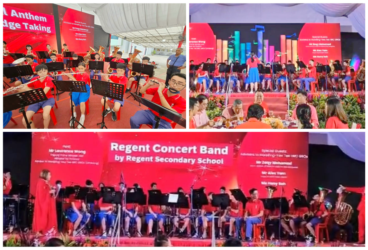 Regent Secondary School Concert Band performing on a red-decorated stage, shown in three photos.