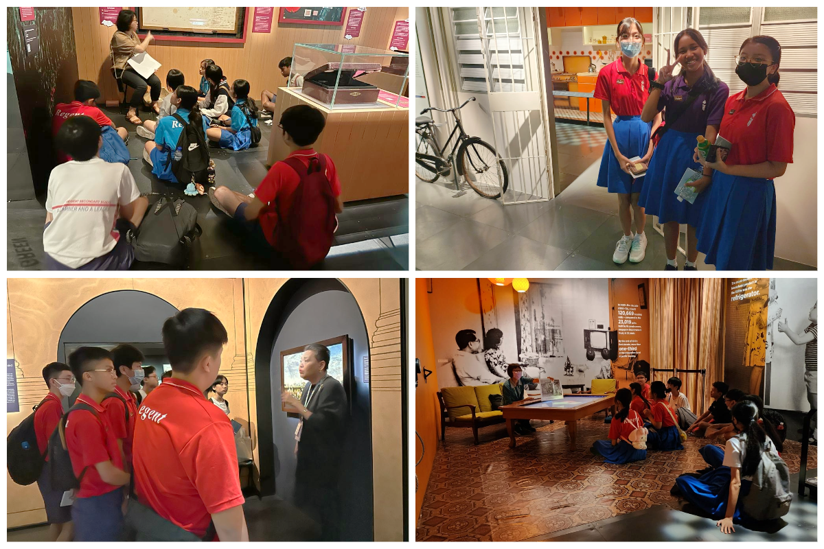 Students in red uniforms explore a museum, sitting on floors, viewing exhibits, and posing near a vintage bicycle display.