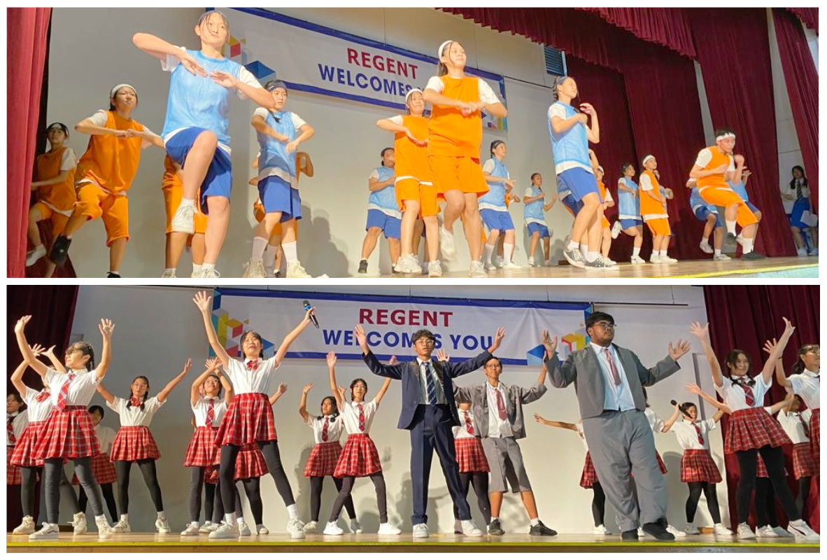 Students perform on stage under a "Regent Welcomes You" banner, wearing uniforms and sportswear in two separate performances.