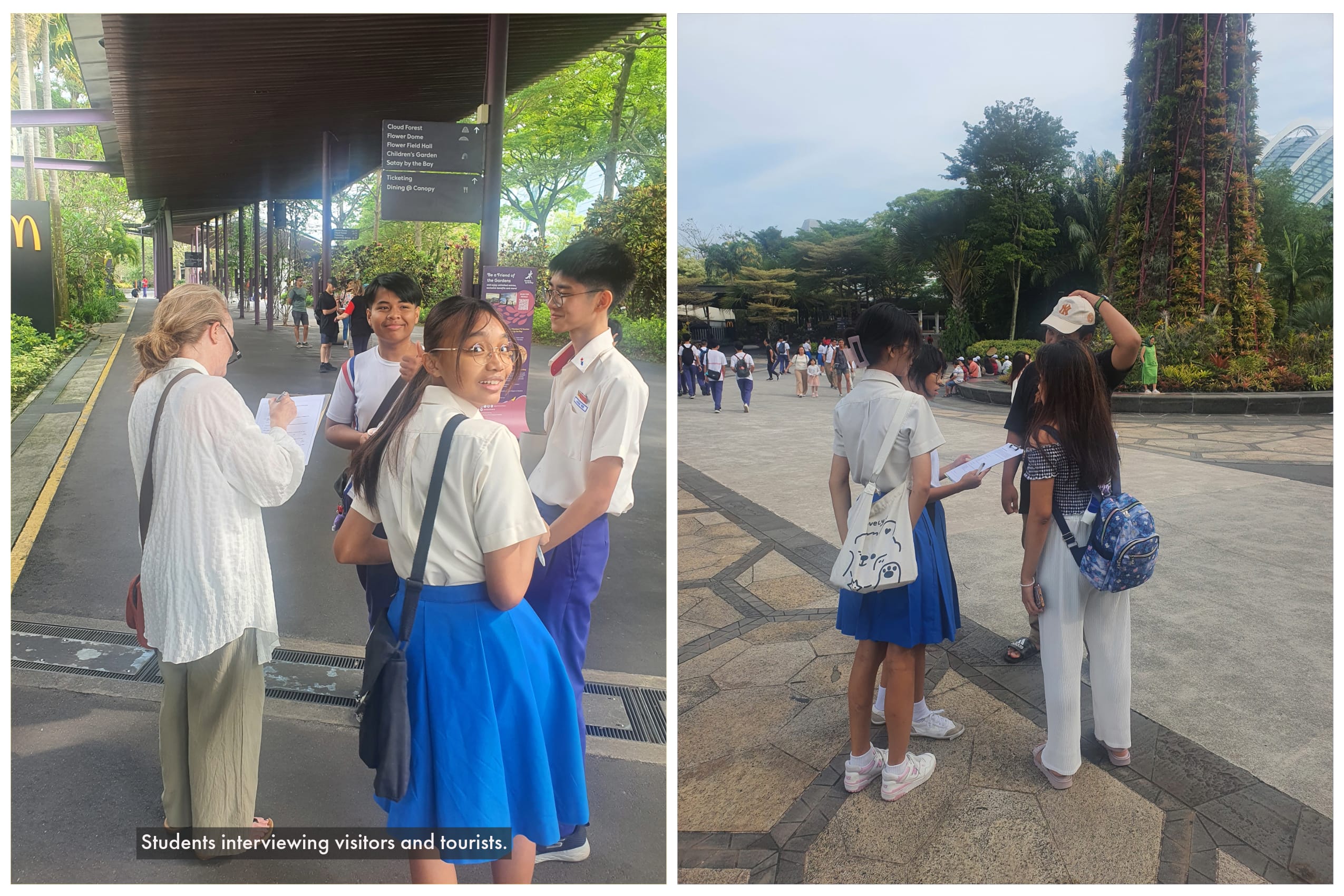 Students in school uniforms interview visitors outdoors; one group under a canopy, another in a plaza.