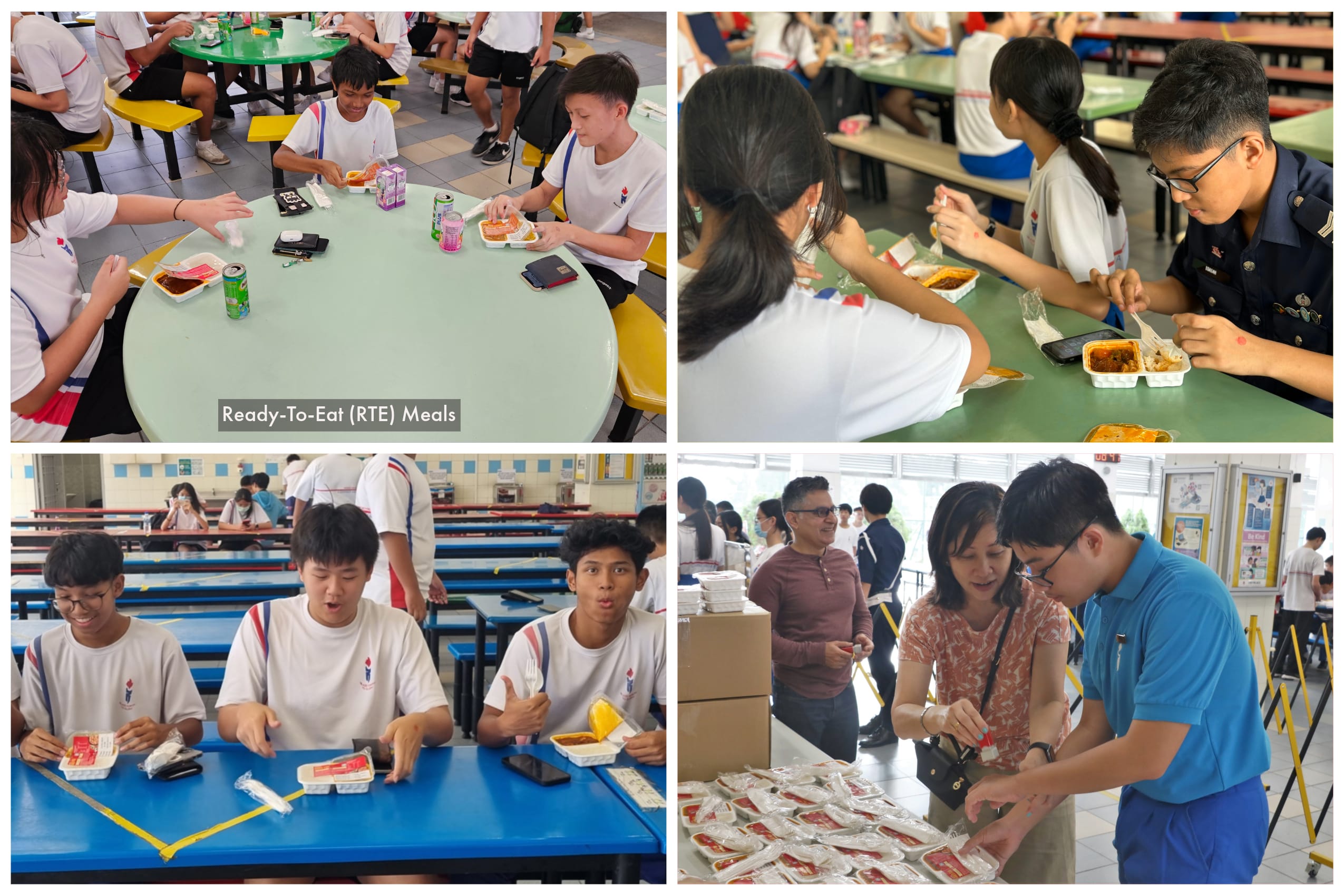 Four photos of school students eating and distributing Ready-To-Eat meals in a canteen setting.